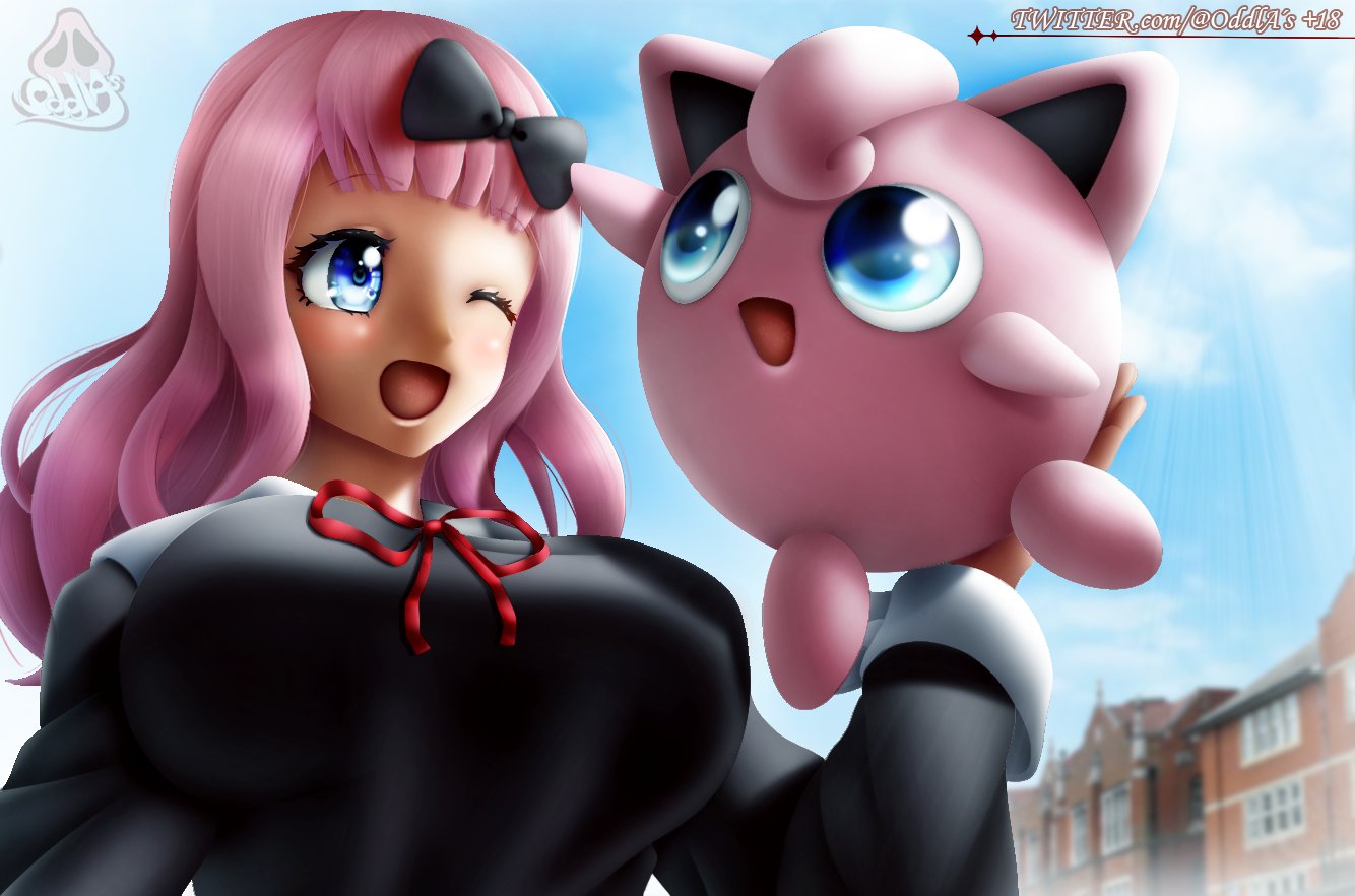 1girls big_breasts blue_eyes blush breasts eye_contact female fujiwara_chika fully_clothed huge_breasts jigglypuff kaguya-sama_wa_kokurasetai_~tensai-tachi_no_renai_zunousen~ long_hair looking_at_viewer oddla pink_hair pokemon pokemon_(species) shuuchiin_academy_uniform smile upper_body