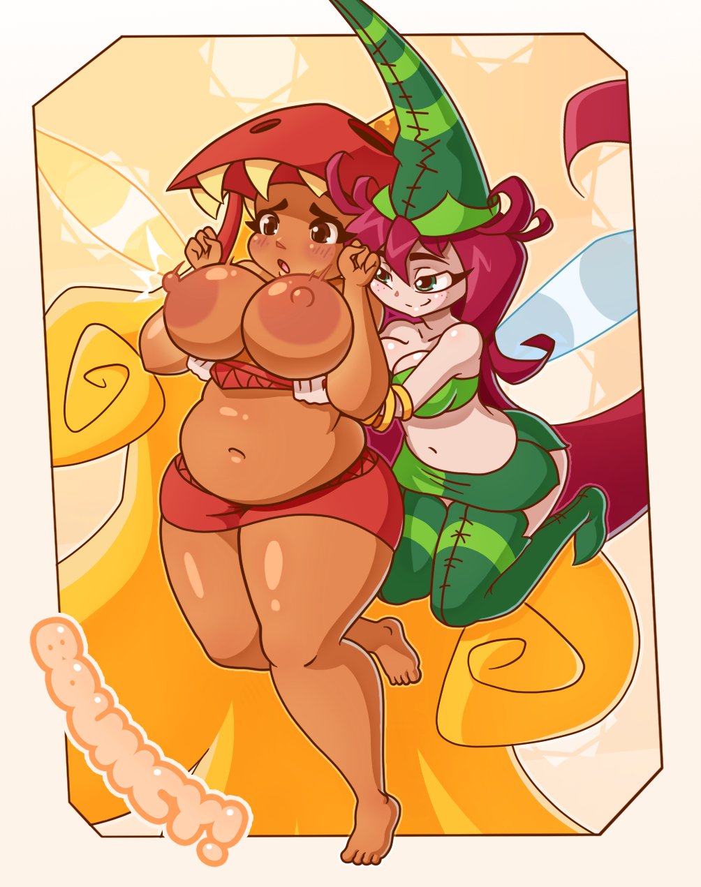 2girls betilla_(rayman) blonde_hair breasts_out chubby chubby_female edith_up_(rayman) fairy female female_only huge_ass huge_breasts multiple_girls nipples nymph_(rayman) oddla rayman_(series) rayman_origins red_hair tagme ubisoft yuri