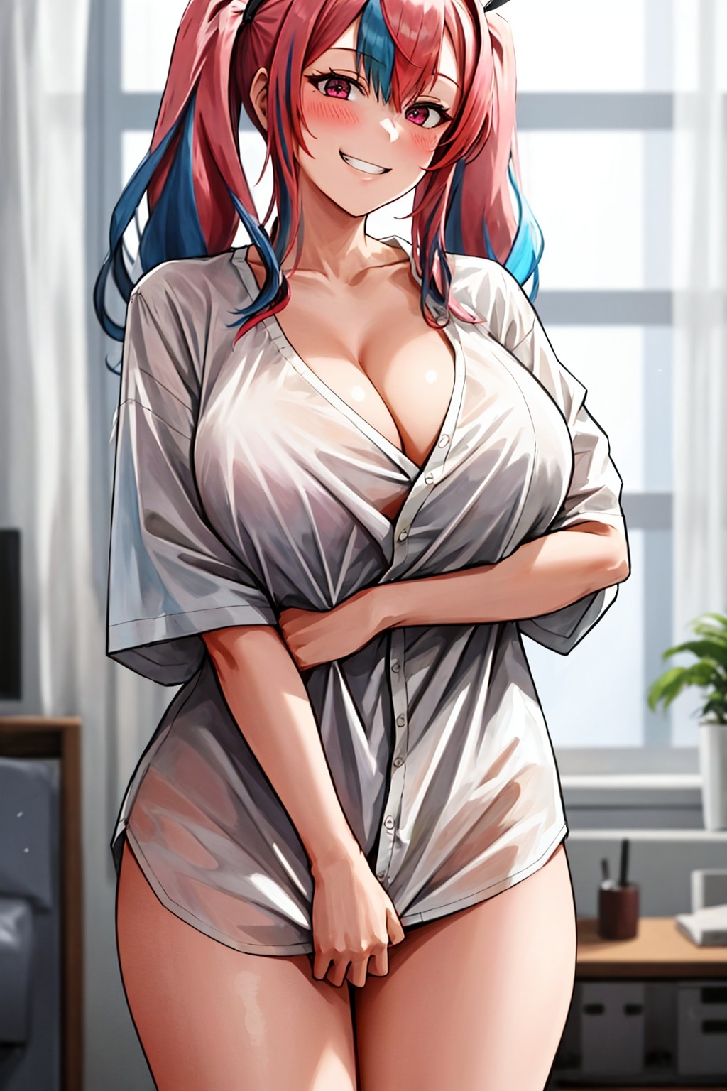 1girls, ai generated, azur lane, breasts, bremerton (azur lane), cleavage, female, flyingpancake, hips, huge breasts, light skin, light-skinned female, long hair, naughty face, pink eyes, pink hair, shirt, smile, stable diffusion, thick thighs, thighs, wide hips