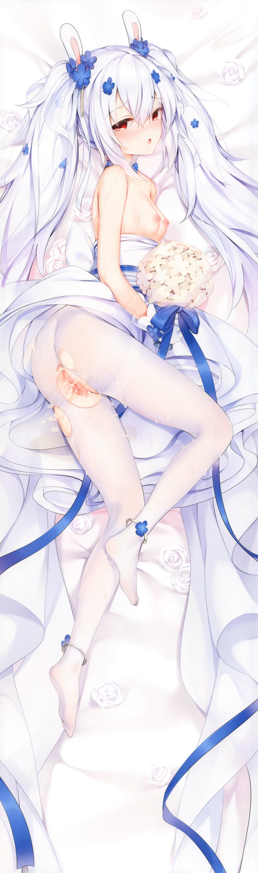 1girls absurdres after_sex after_vaginal ass azur_lane bouquet breasts chen_bin cum cum_in_pussy dakimakura dakimakura_design eagle_union_(azur_lane) female female_only highres holding holding_bouquet laffey_(azur_lane) laffey_(white_rabbit's_oath)_(azur_lane) light-skinned_female light_skin looking_at_viewer nipples non-web_source open_mouth pantyhose small_breasts solo source_request torn_clothes torn_pantyhose white_pantyhose