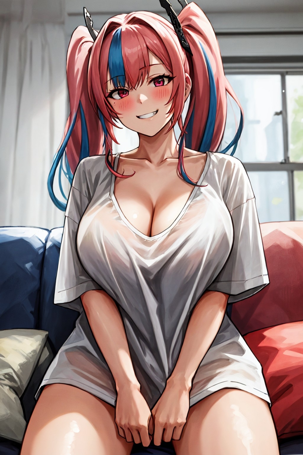 1girls ai_generated azur_lane breasts bremerton_(azur_lane) cleavage female flyingpancake hips huge_breasts light-skinned_female light_skin long_hair naughty_face pink_eyes pink_hair shirt smile stable_diffusion thick_thighs thighs wide_hips