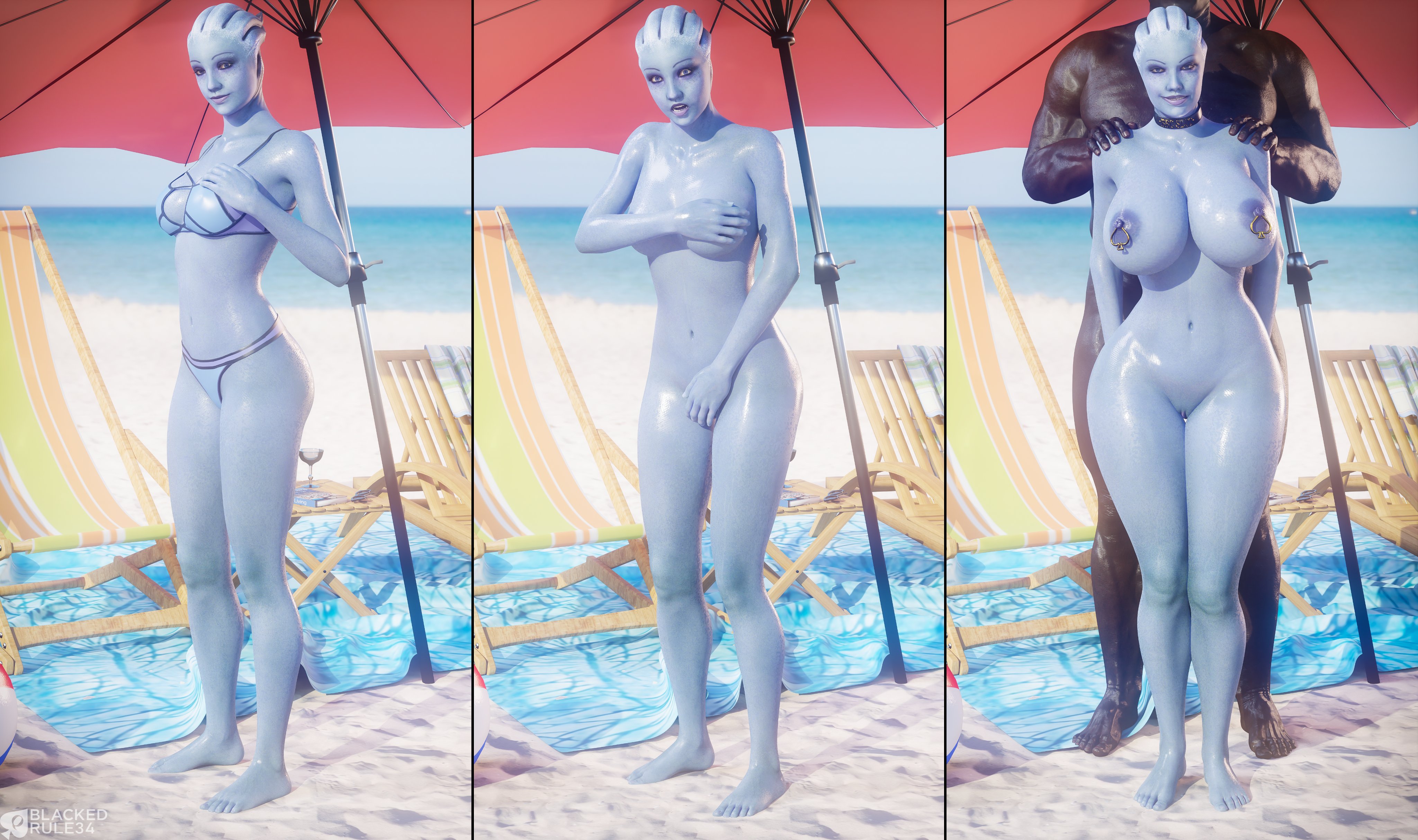 1boy, 1girls, 3d, asari, bimbofication, blackedr34, breasts, covering breasts, dark skin, dark-skinned male, female, interracial, large breasts, liara t'soni, looking at viewer, male, mass effect, nipple piercing, nipples, piercing, queen of spades, small breasts, swimsuit