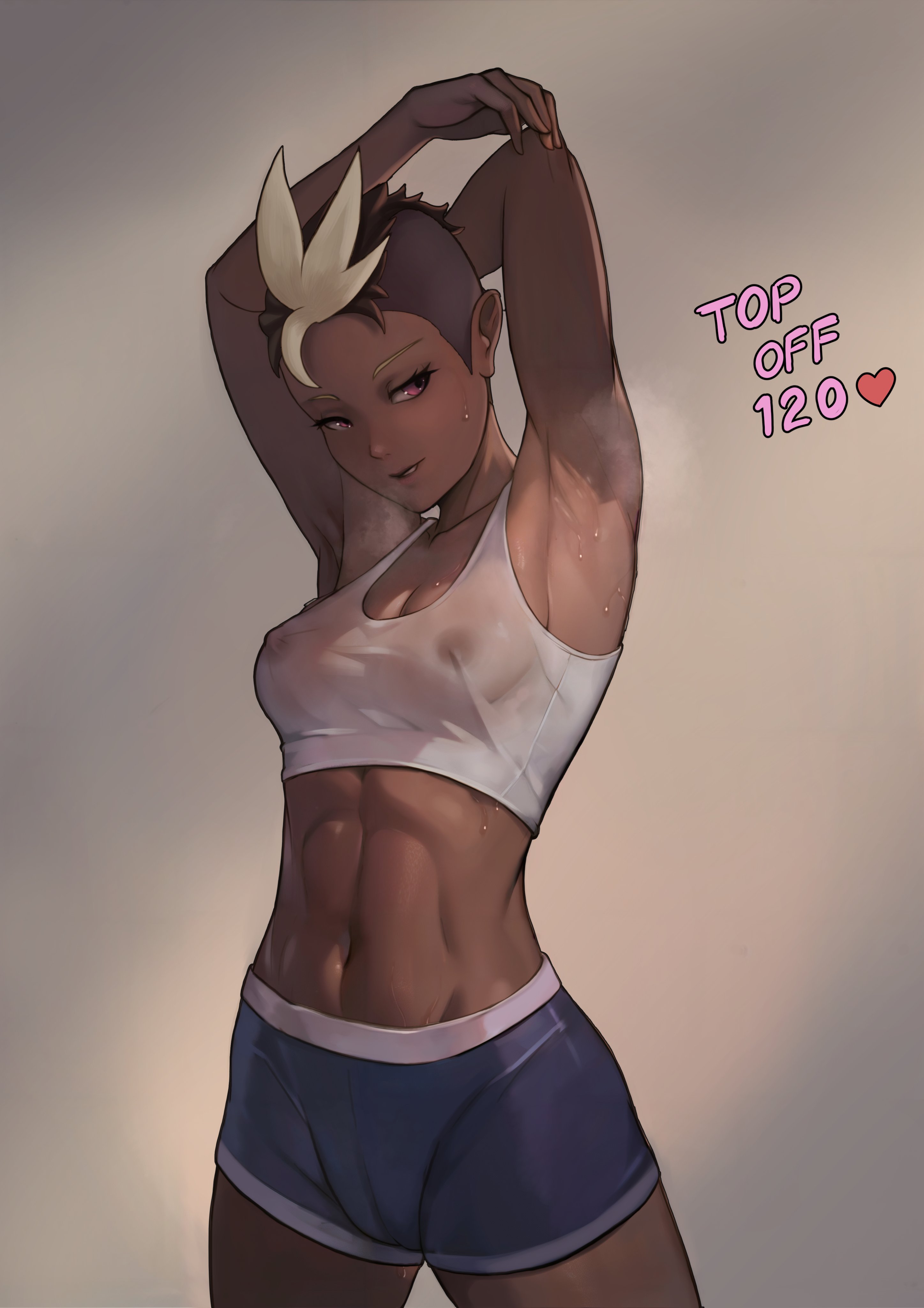 1girls, 2023, absurd res, armpits, arms up, breasts, breasts visible through clothing, brown hair, dark skin, dark-skinned female, female, female only, godlem, harriet bree, highres, medium breasts, multicolored hair, muscular, muscular female, nipples, nipples visible through clothing, pink eyes, plain background, rwby, see-through, see-through clothing, shaved side, short hair, shorts, solo, sports bra, strip game, sweat, sweaty, twitter strip game, white hair