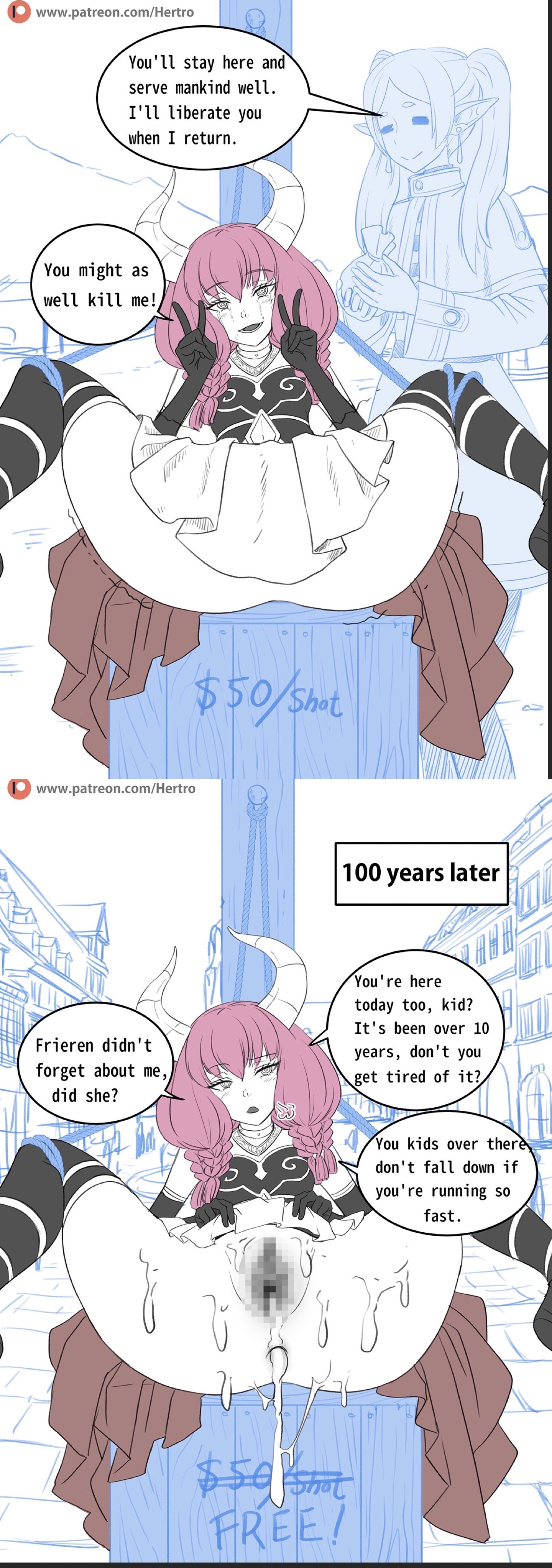 ass, aura (sousou no frieren), before and after, before sex, big ass, big butt, crying, crying with eyes open, cum, cum dump, cum dumpster, cum leaking, cum leaking out of anus, cum leaking out of pussy, cumdrip, cumdump, cumdumpster, defeated, defeated villainess, demon, demon girl, demon horns, double v, english text, female, femsub, free use, frieren, gaping, gaping anus, gaping pussy, hertro, hypnosis, leaking cum, legs up, mind control, peace sign, pink hair, public, public use, punishment, pussy, rape, sex slave, slave, sousou no frieren, text, text box, text bubble, villainess