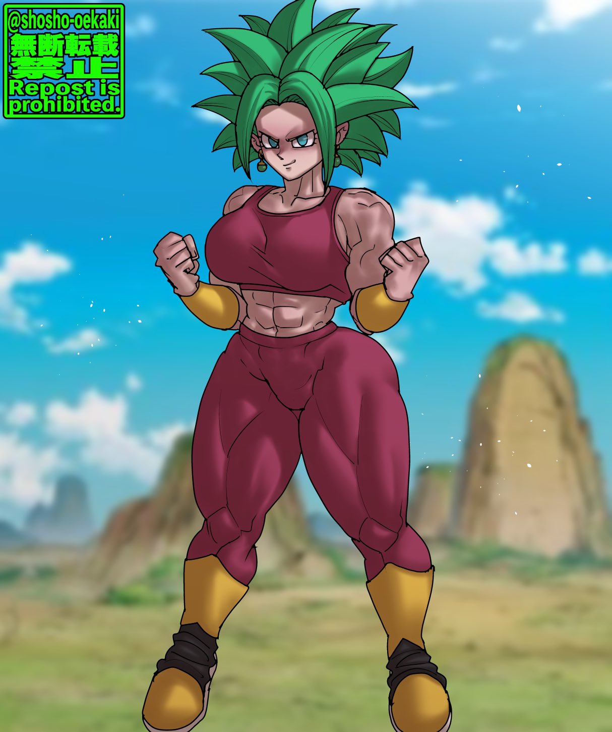 1girls, abs, big breasts, blue eyes, breasts, dragon ball, dragon ball super, female, female only, fusion, green hair, kefla, large breasts, legendary super saiyan, looking at viewer, potara earrings, potara fusion, saiyan, shosho oekaki, solo, super saiyan, super saiyan 2, thick thighs, thighs, wide hips