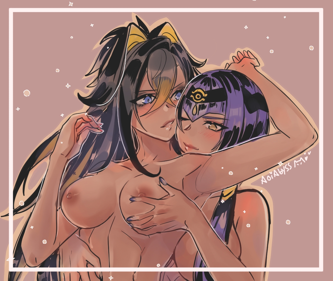 2girls, aoiabyss, big breasts, black hair, breast grab, breasts, candace (genshin impact), dark skin, dark-skinned female, dehya (genshin impact), female, female only, fondling, from behind, from behind position, genshin impact, lesbian focus, long hair, multiple females, multiple girls, nipples, nude, purple hair, watermark, yuri