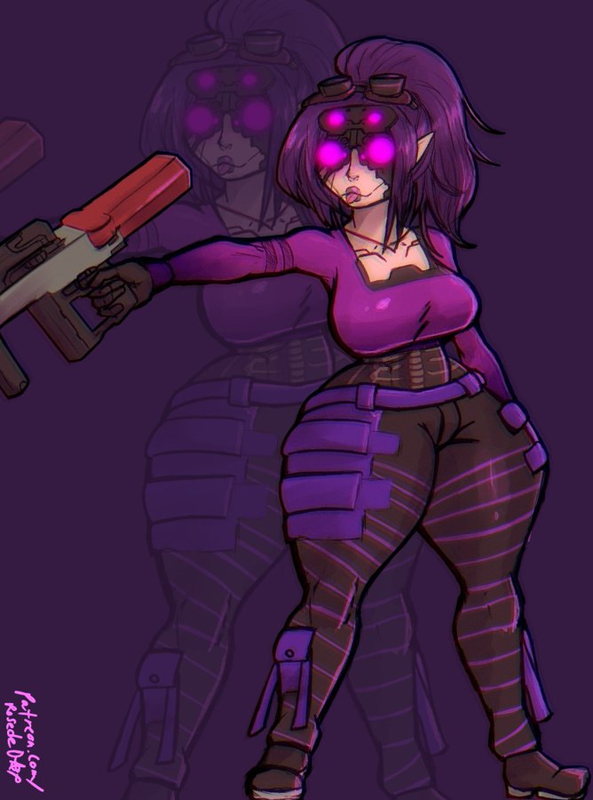 big_breasts cybernetics gun pointy_ears rose_dax rosededax scifi thick_thighs wide_hips