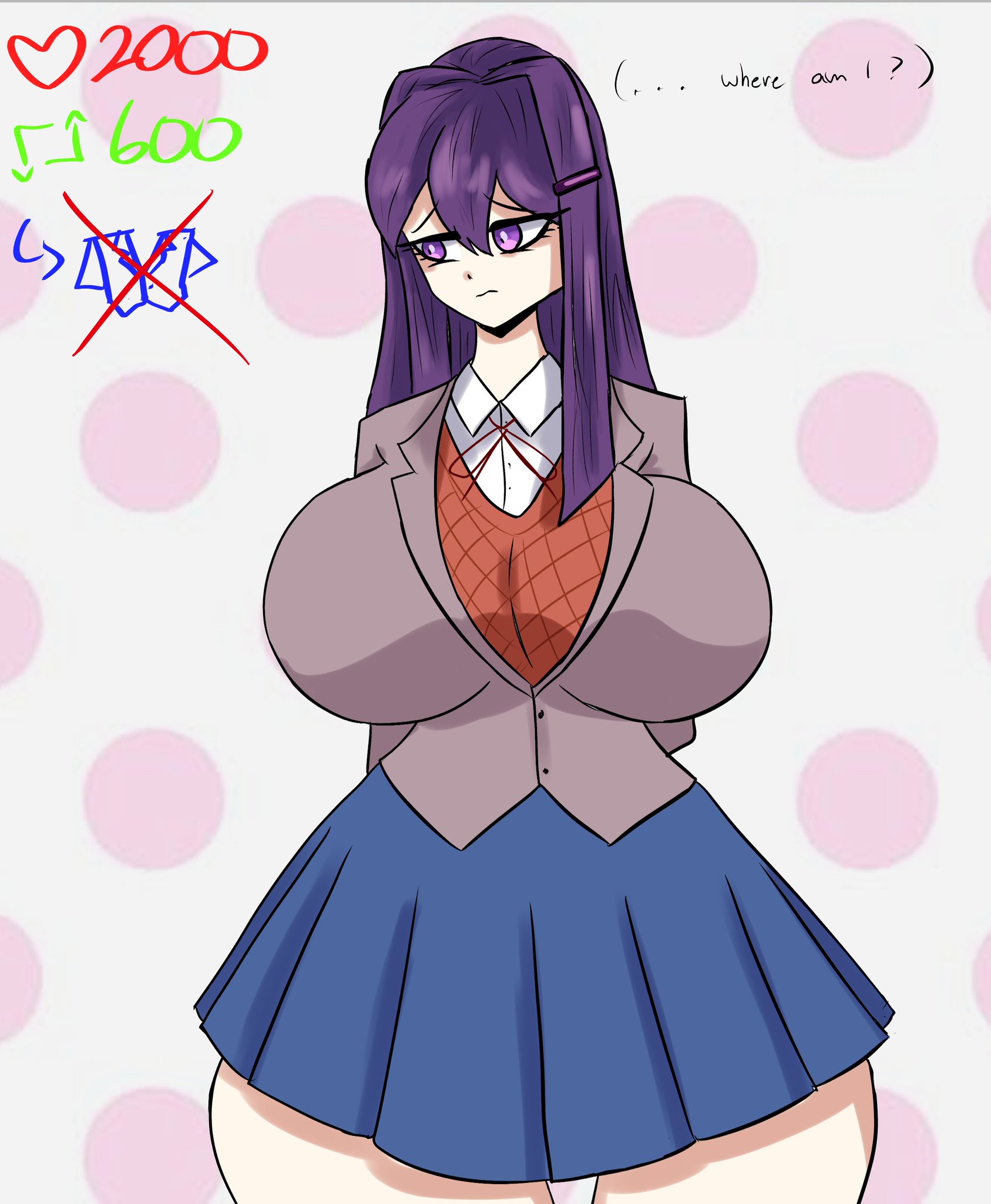 2023, alternate breast size, breasts, doki doki literature club, female, full comfort, huge breasts, nervous, part 1, plain background, purple hair, strip game, yuri (doki doki literature club)