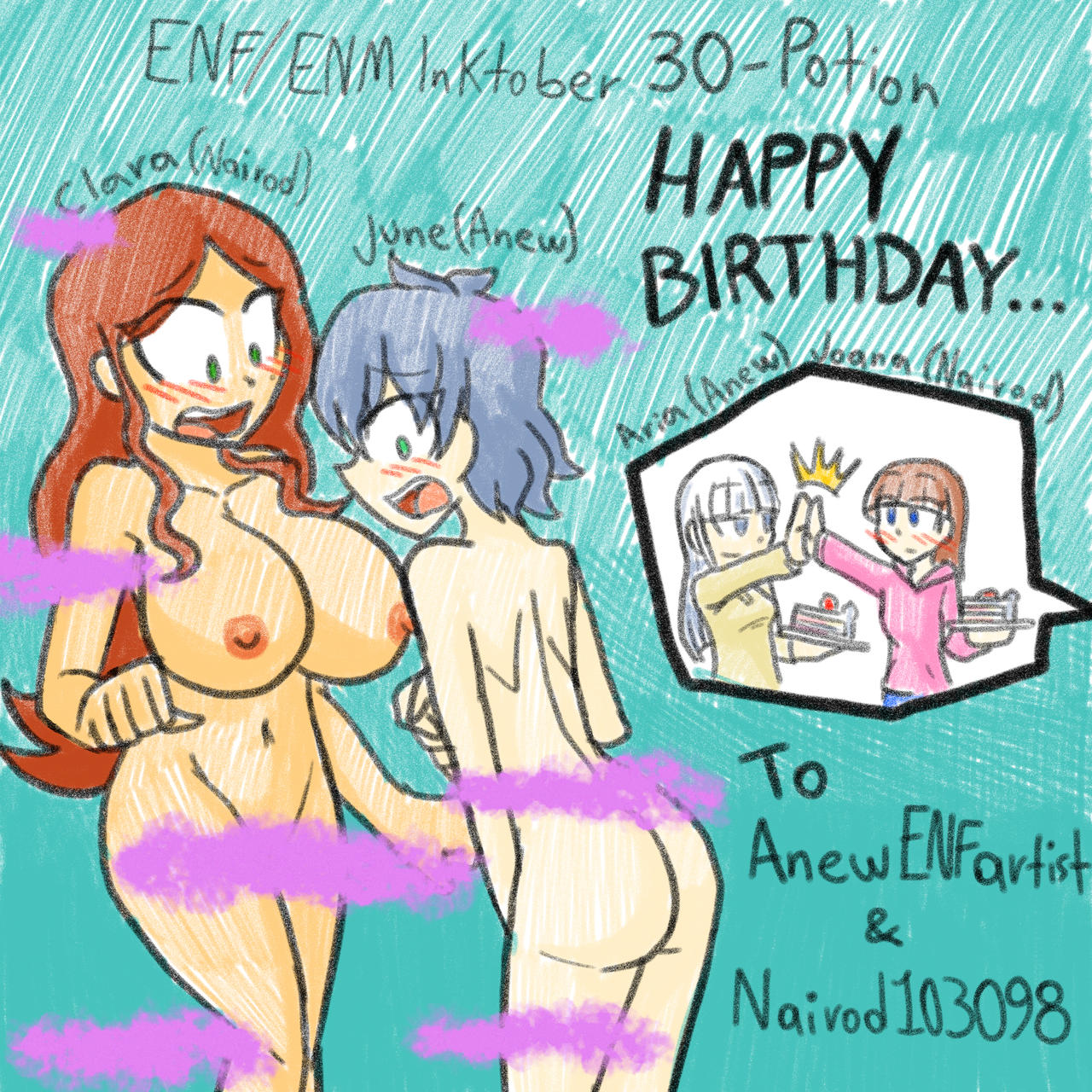 4girls anewenfartist aria_(anewenfartist) ass birthday_cake blue_hair breasts brown_hair cake clara_garcia clothed_female clothed_female_nude_female covering_crotch covering_pussy female female_only girlfriend girlfriends hoodie inktober inktober_2021 joana_jimenez june_(anewfanartist) long_hair long_sleeves miniskirt nairod103098 navel nipples nude nude_female short_hair skirt white_hair