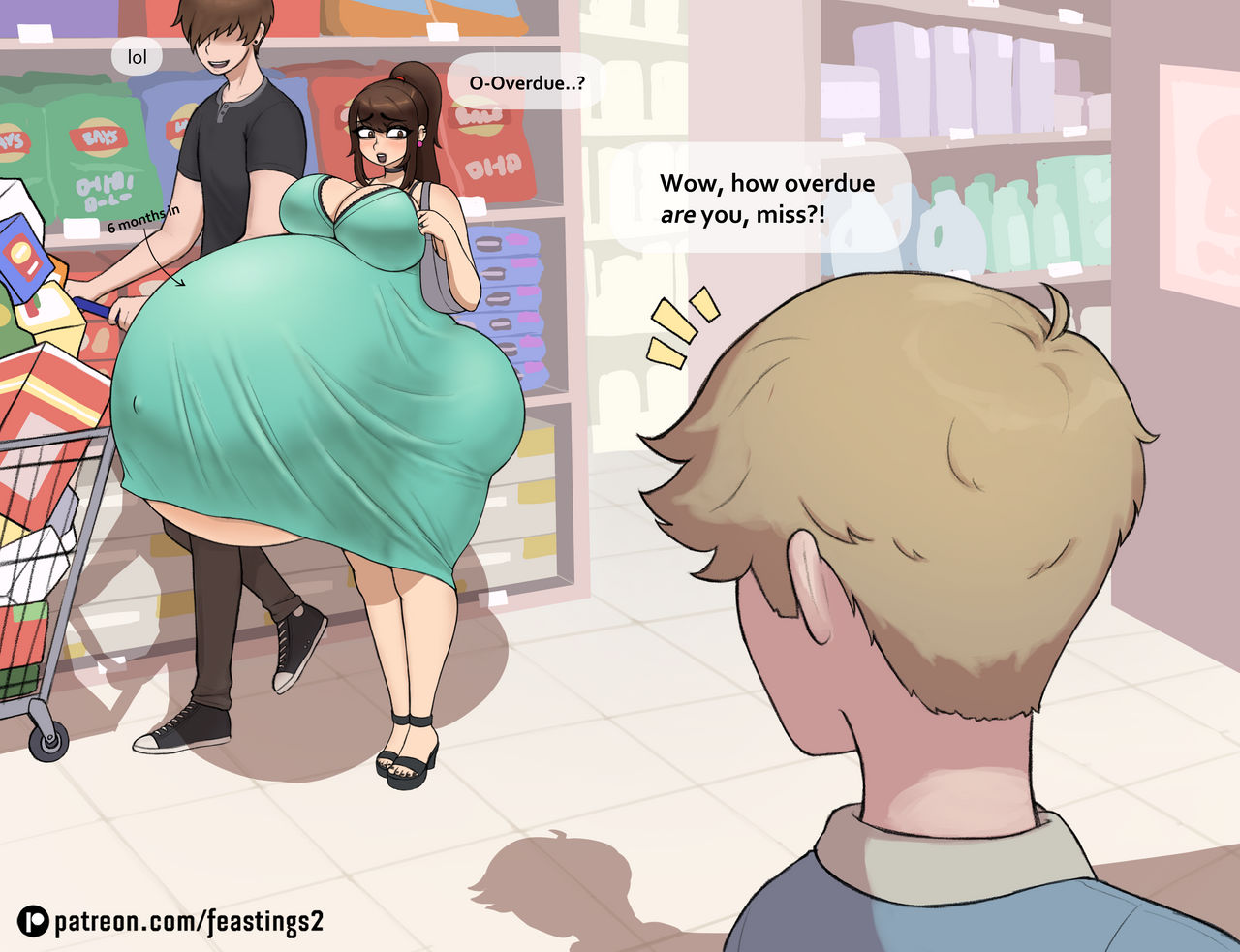 1girls 2boys big_ass big_breasts casual feastings2_(artist) huge_ass huge_breasts hyper hyper_belly hyper_pregnancy ponytail_(feastings2) store supermarket tagme talking text