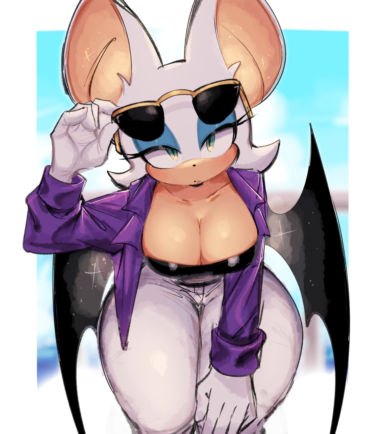 1girls, 2023, 5 fingers, about to burst, anthro, anthro only, bandeau, barely contained, barely contained breasts, barely fits, bat, bat ears, bat wings, big breasts, big ears, big thighs, black bra, blue eyeshadow, breasts, breasts too big, bursting breasts, cleavage, clothed, denim, denim bottomwear, denim clothing, denim jeans, ear, eyelashes, female, female focus, female only, fur, furry, furry female, furry only, gigantic thighs, glasses, gloves, green eyes, hanging breasts, hi res, highres, hips, huge thighs, imminent wardrobe malfunction, jacket, jeans, large breasts, large thighs, looking at viewer, overflowing breasts, purple jacket, rouge the bat, sega, solo, solo female, sonic (series), sonic the hedgehog (series), sunglasses, sunglasses removed, the murder of sonic the hedgehog, thick hips, thick thighs, thigh gap, thighs, thunder thighs, tight clothes, tight clothing, tight fit, tight fitting clothing, tight jeans, tight pants, undersized clothes, undersized clothing, usa37107692, white body, white gloves, wide hips, wings