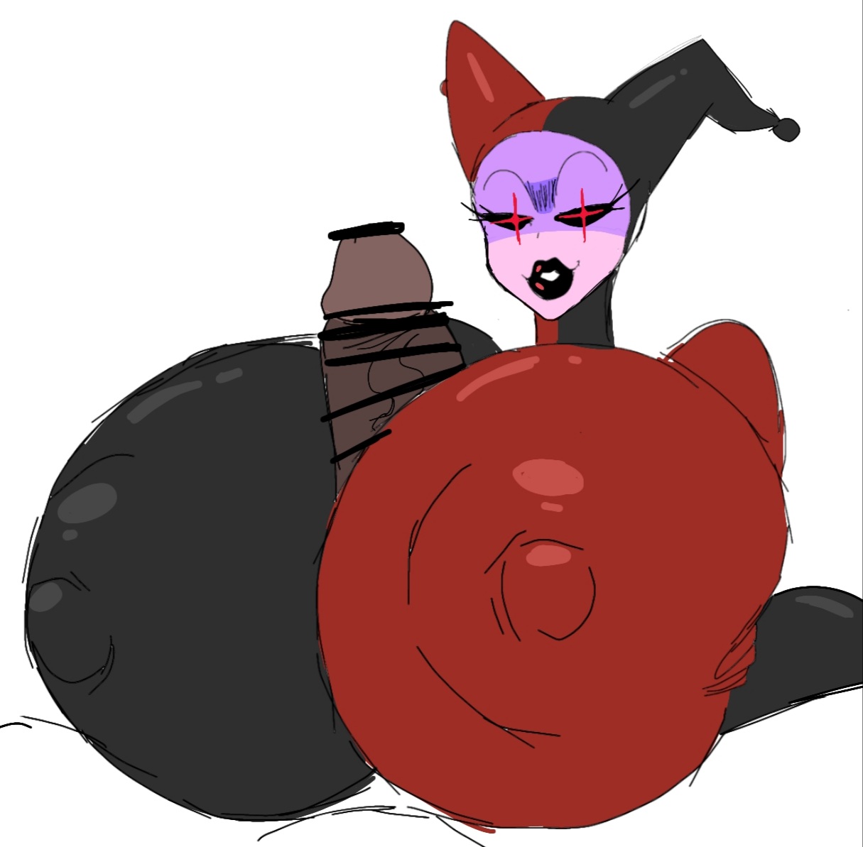 big breasts, big penis, bodysuit, breasts, breasts bigger than head, censor bar, censored, clothed, dc, dc comics, demon, demon girl, female, friday night funkin, halloween, harley quinn (cosplay), huge breasts, huge cock, hyper breasts, male, momiji (artist), mommy mearest, nipples visible through clothing, no bra, paizuri, paizuri over clothes, penis, straight