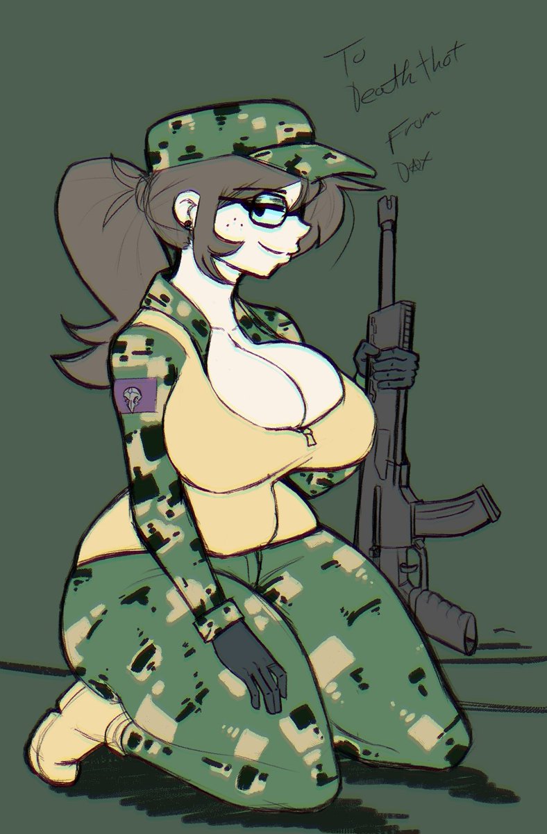 assault_rifle big_breasts cleavage deatthot_(character) digital_camouflage freckles glasses military_boots military_cap rose_dax rosededax wide_hips