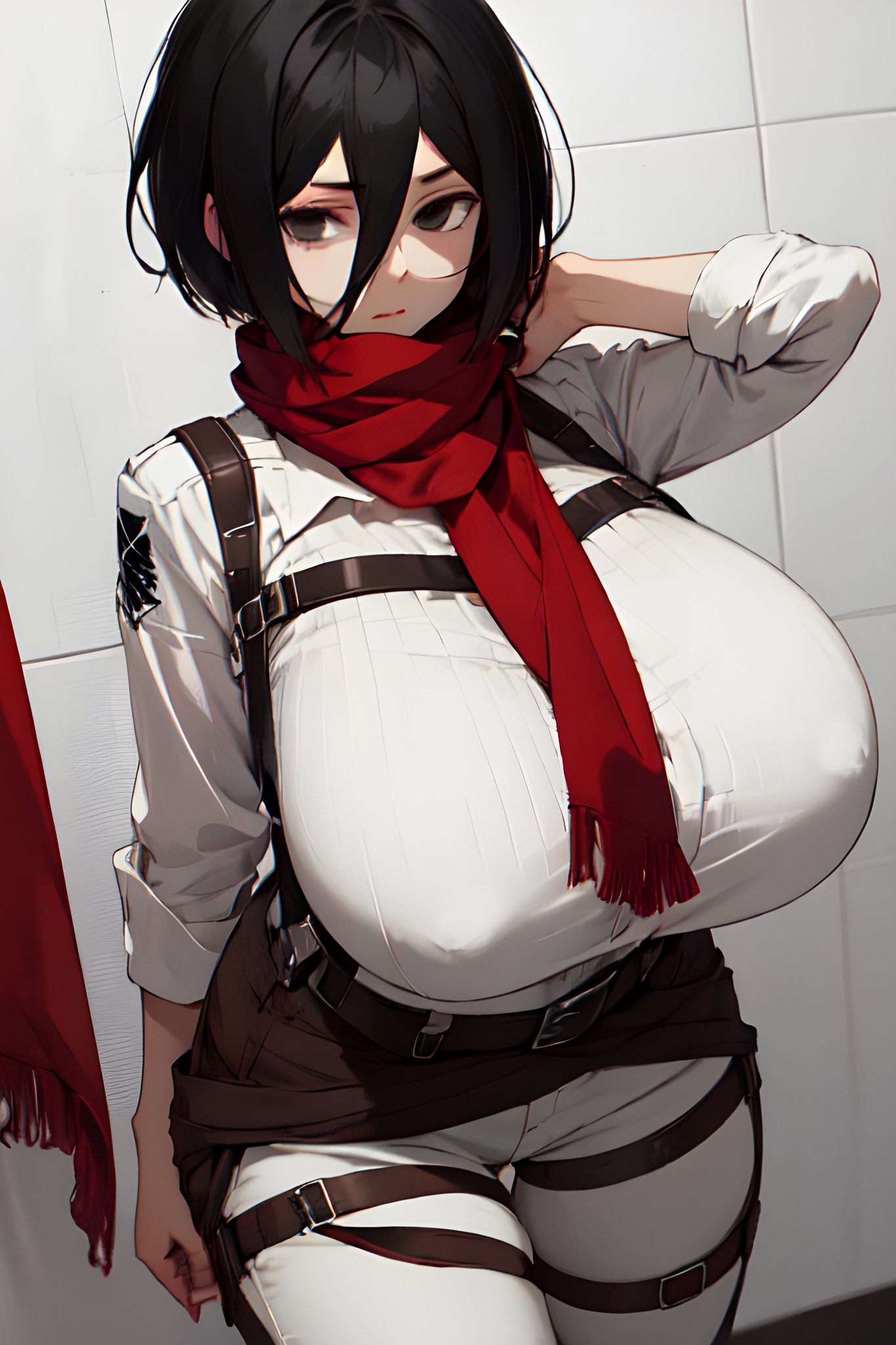 ai_generated attack_on_titan big_breasts black_eyes black_hair breasts_bigger_than_head female_only huge_breasts mikasa_ackerman red_scarf scared scout_uniform shingeki_no_kyojin shorts_pull