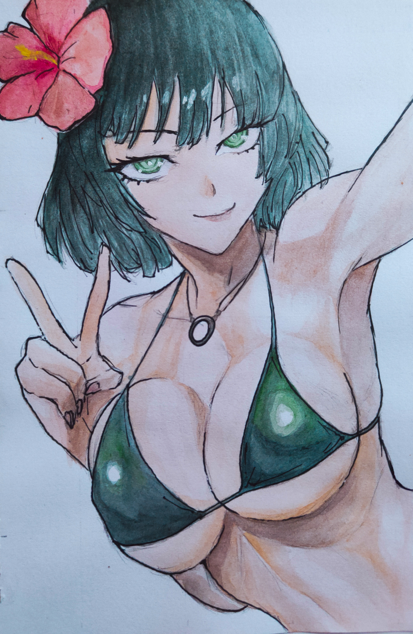 armpit, armpits, ass, beach, big ass, big breasts, big thighs, bikini, bikini bottom, bikini top, breasts, female, female only, flower, flower in hair, fubuki (one-punch man), green eyes, green hair, leaning forward, looking at viewer, necklace, nipples, one-punch man, patreon, peace sign, self upload, short hair, sweat, swimsuit, swimwear, traditional media, traditional media (artwork), zilacien