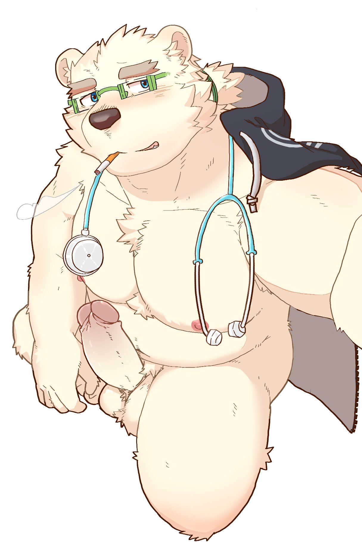 anthro balls bear belly blue_eyes cigarette cigarette_in_mouth clothing erection eyewear fur genitals glasses hagom_bear hi_res jacket leib_(tas) lifewonders male mammal medical_instrument musclegut navel nipples object_in_mouth pecs penis polar_bear scientific_instrument smoking solo stethoscope tokyo_afterschool_summoners topwear ursine white_body white_fur