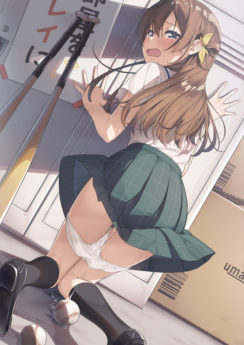 arihara_tsubasa ball baseball_bat black_footwear black_socks blue_eyes blush box brown_hair cardboard_box cinderella_series crying crying_with_eyes_open female from_behind green_skirt hachigatsu_no_cinderella_nine highres kneeling long_hair looking_at_viewer open_mouth panties panty_pull pleated_skirt pussy_juice sailor_collar school_uniform shirt shoes skirt socks solo sweatdrop tears tsubure_manjuu underwear white_panties white_sailor_collar white_shirt