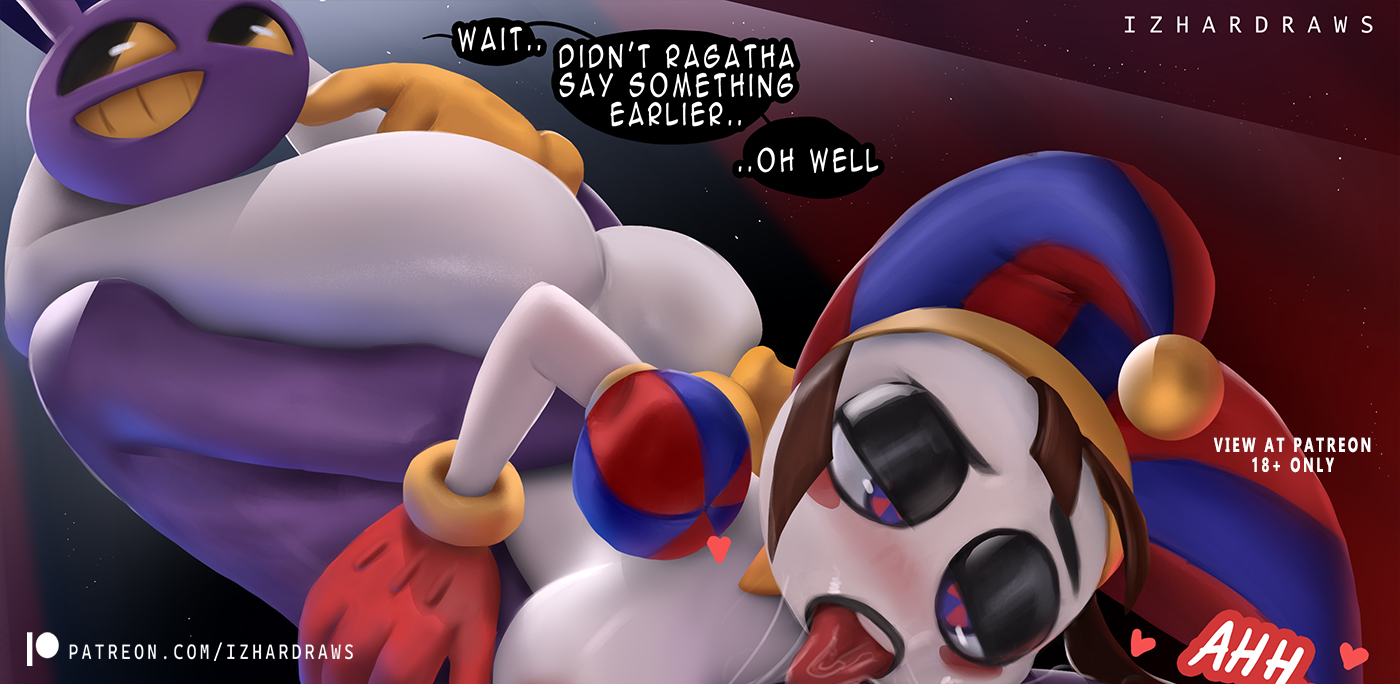 69, 69 position, anthro, ass, big ass, big breasts, big thighs, breasts, brown hair, bunny, bunny ears, dialogue, dialogue box, female, fingering, glitch productions, gloves, heart, huge ass, huge thighs, izhardraws, jax (the amazing digital circus), jester, jester costume, jester hat, jester outfit, male, patreon, pomni, pomni (the amazing digital circus), purple body, saliva, short hair, straight, tagme, text, the amazing digital circus, thick hips, thick thighs, thighs, tongue, tongue out, white body, yellow eyes, yellow gloves, yellow mouth