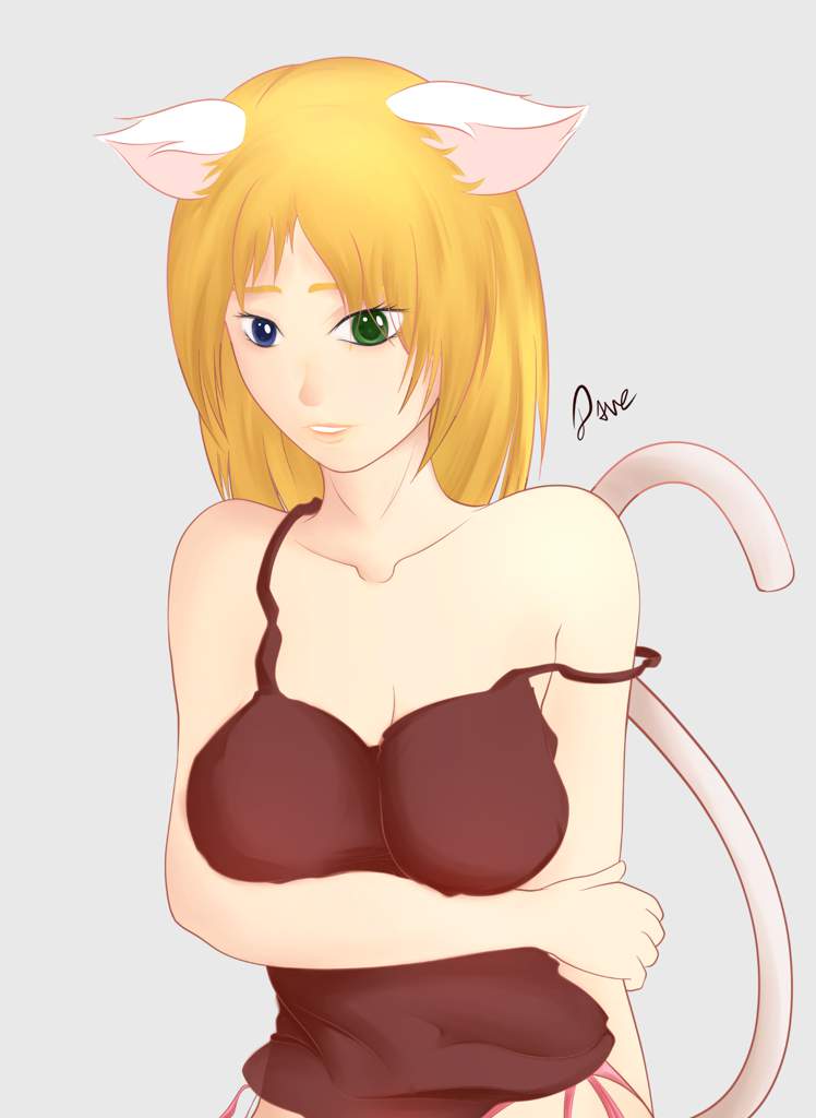 1girls bare_shoulders blonde_hair blue_eyes cat_ears cat_tail dave_overstorben el_diario_de_jonathan female green_eyes heterochromia jayden_murtons panties short_hair solo solo_female strap_slip tank_top