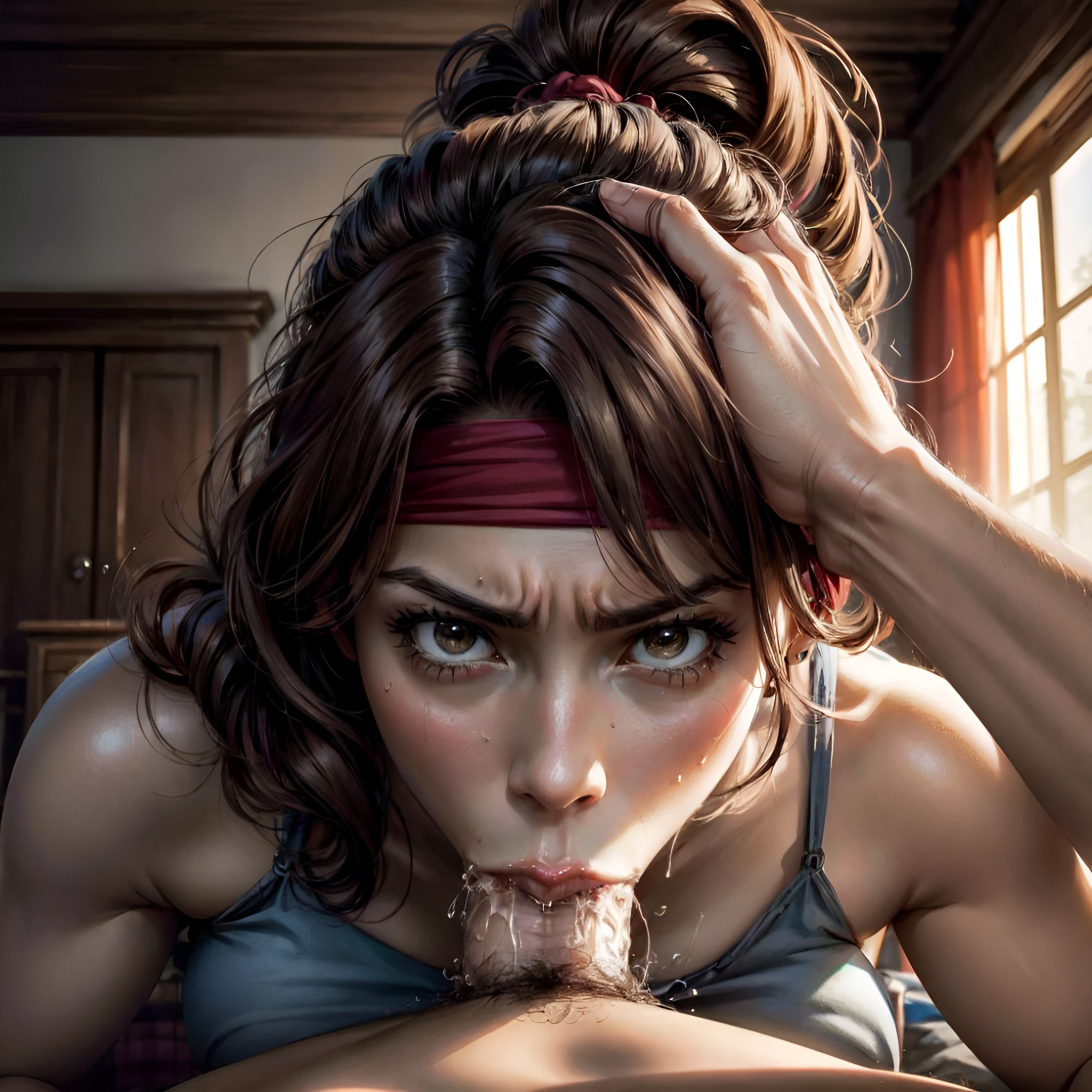 1girls, ai generated, angry, angry face, arbitrary, blowjob, brown hair, cum, cum in mouth, deepthroat, fellatio, female, female focus, final fantasy, final fantasy vii, final fantasy vii remake, forced oral, hand on head, headband, hi res, jessie rasberry, male, oral, oral creampie, penis, penis in mouth, ponytail, pov, pov eye contact, square enix, stable diffusion, tank top