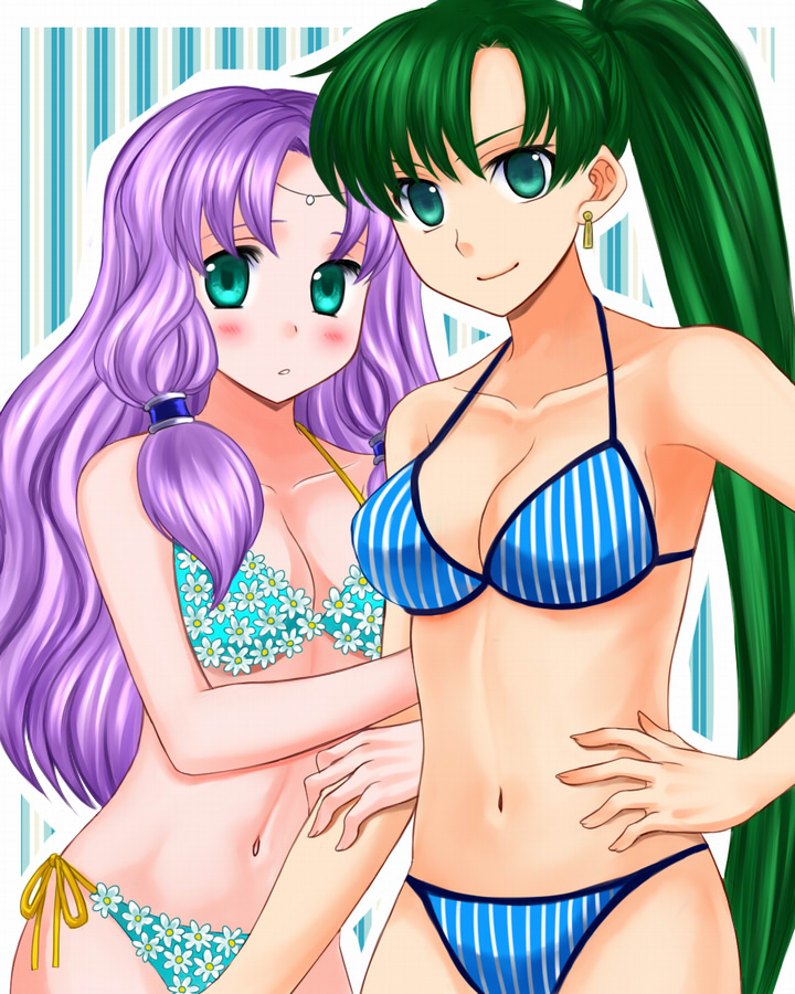 2girls 74 7774 alternate_costume aqua_eyes bad_id bikini blue_bikini blue_swimsuit blush breasts circlet cleavage earrings fire_emblem fire_emblem:_the_blazing_blade floral_print florina_(fire_emblem) green_eyes green_hair hand_on_own_hip jewelry large_breasts long_hair lyn_(fire_emblem) medium_breasts multiple_girls navel nintendo ponytail purple_hair side-tie_bikini_bottom smile striped striped_bikini swimsuit