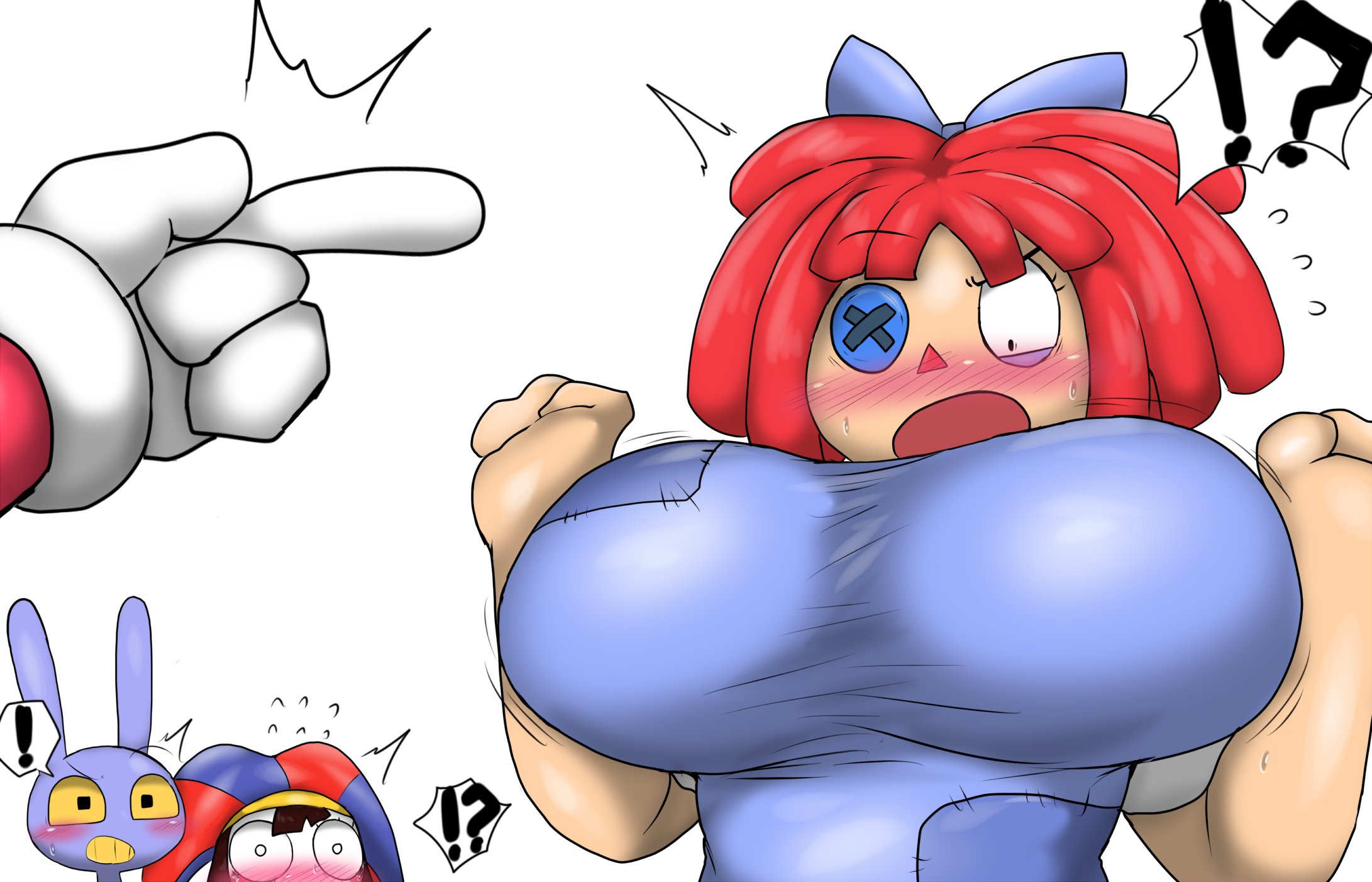 !?, big breasts, blush, bow tie, breast expansion, breast growth, breast growth (enlargement), breasts, button eyes, caine (the amazing digital circus), doll, dress, enigi09, expansion, female, glitch productions, huge breasts, jax (the amazing digital circus), looking at breasts, looking down, magic, magic trick, pomni, pomni (the amazing digital circus), ragatha (the amazing digital circus), red hair, shocked, shocked expression, tagme, the amazing digital circus
