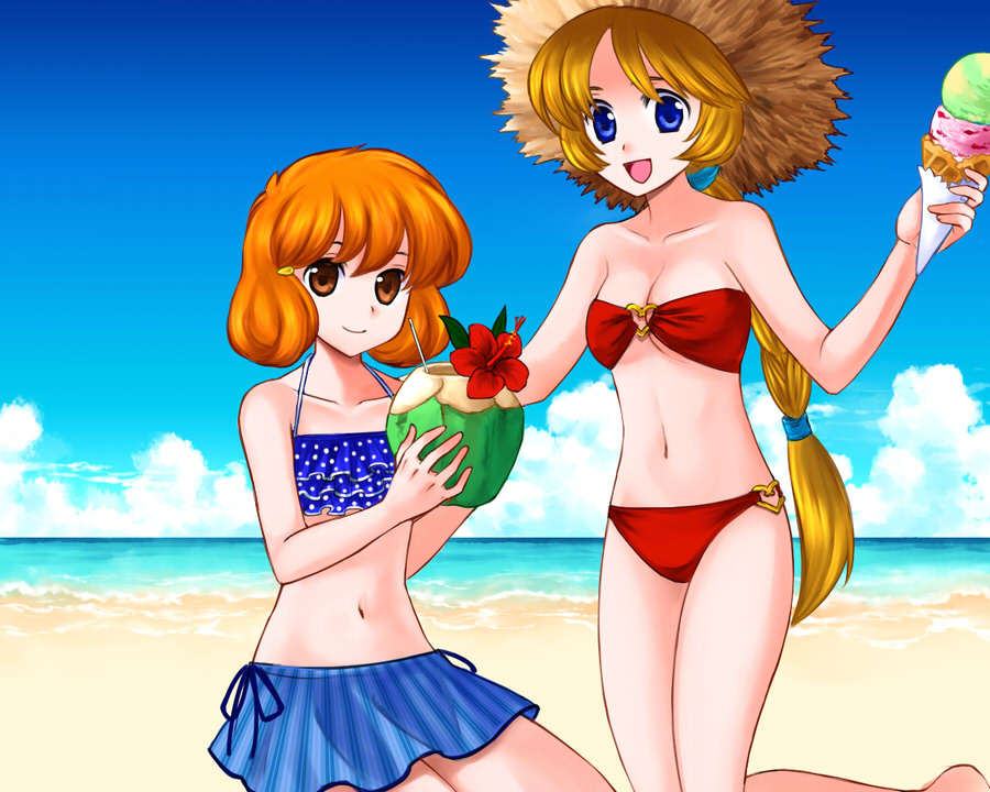 2girls 74 7774 alternate_costume beach bikini blonde_hair blue_bikini blue_eyes blue_swimsuit braid breasts brown_eyes cleavage coconut cousins double_scoop fire_emblem fire_emblem:_genealogy_of_the_holy_war food fruit_cup hat ice_cream lana_(fire_emblem) long_hair medium_breasts multiple_girls navel nintendo ocean open_mouth orange_hair outdoors patty_(fire_emblem) red_bikini red_swimsuit short_hair side-tie_bikini_bottom skirt small_breasts smile swimsuit