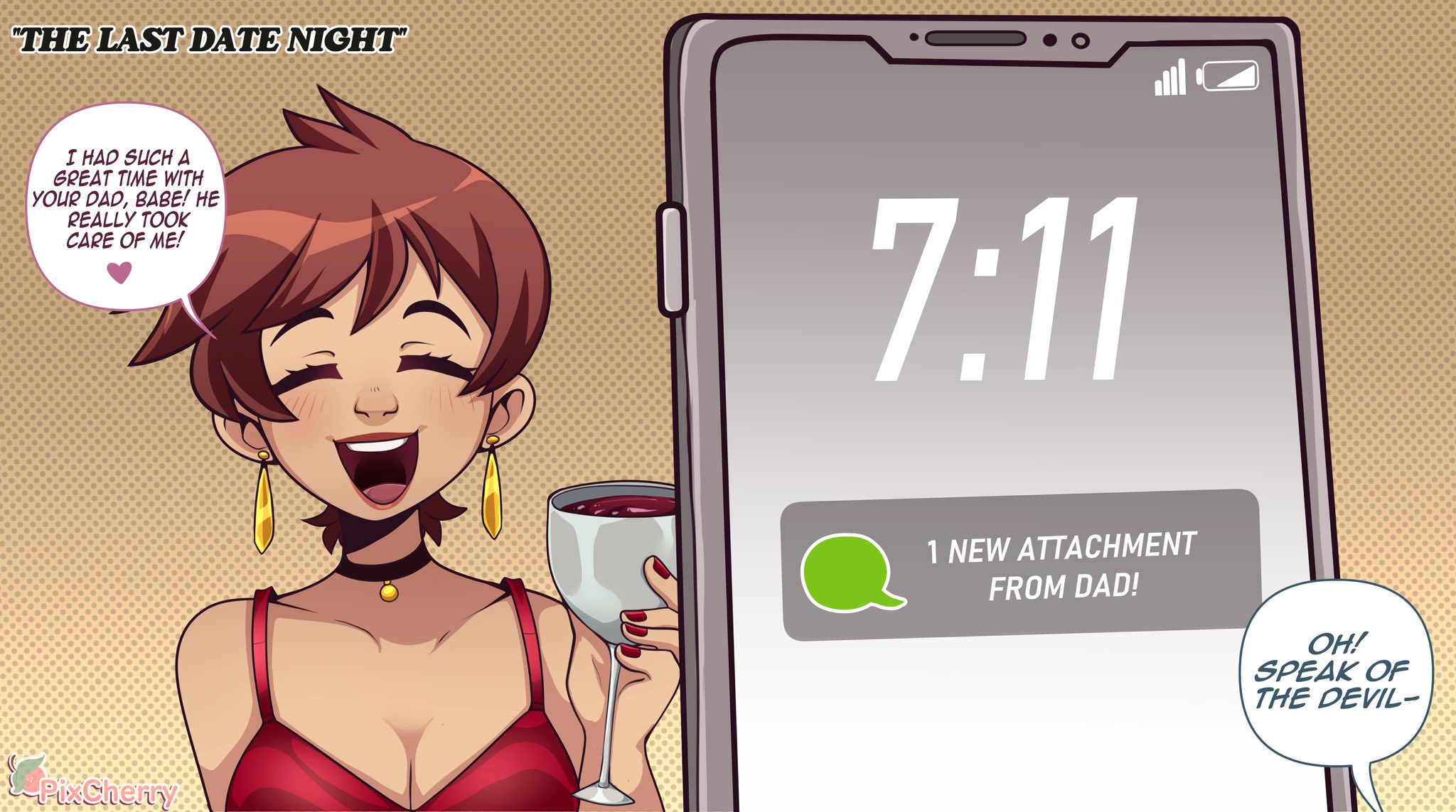 1girls, 2023, blush, brown hair, cherrypix, choker, closed eyes, dialogue, dress, earrings, english text, female, hi res, milf, original, original character, phone, phone screen, pov, smile, speech bubble, wine glass