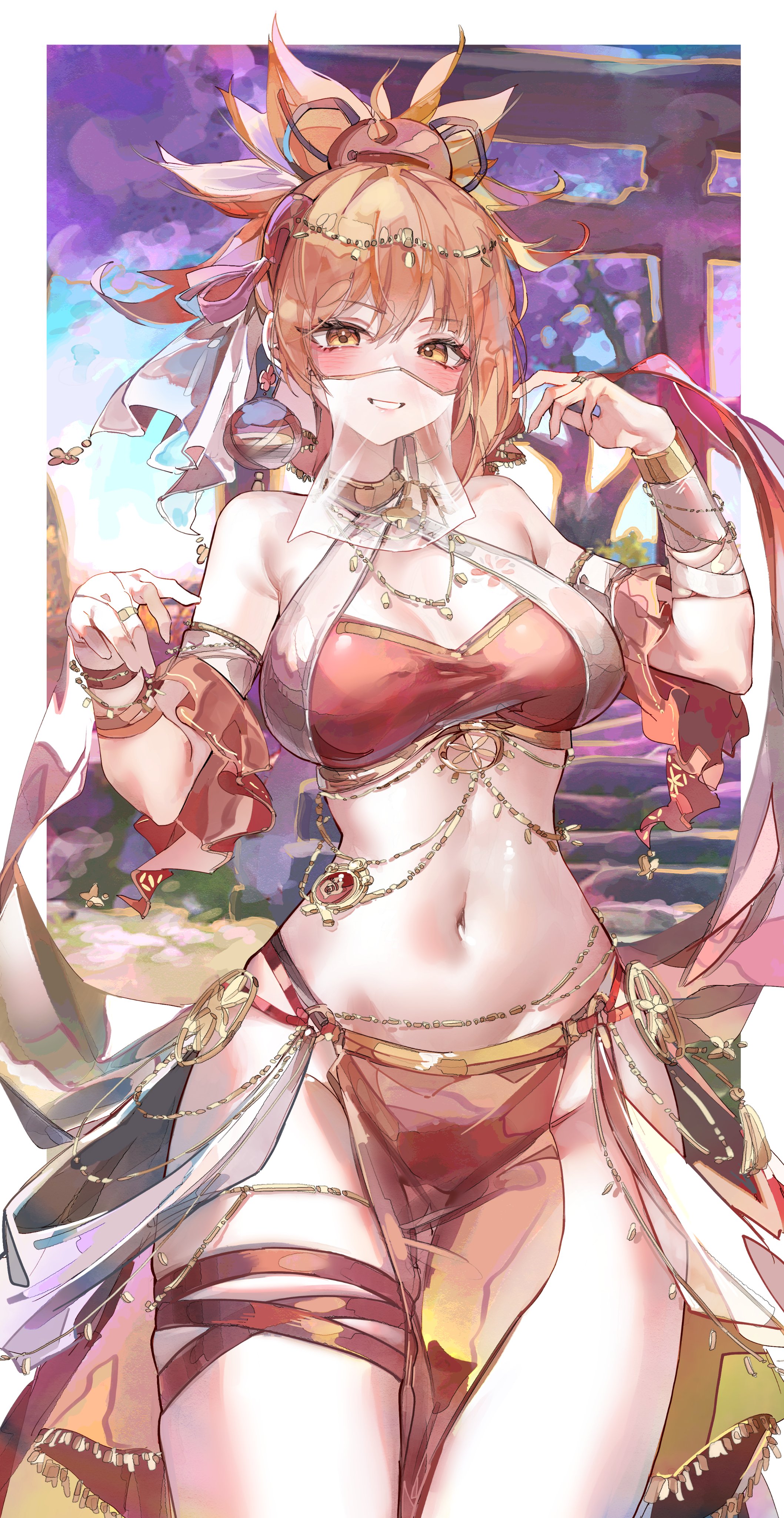 1girls, belly, belly dancer, belly dancer outfit, breasts, cocoballking, dancer outfit, female, female only, genshin impact, harem outfit, large breasts, skimpy, skimpy clothes, tagme, tagme (artist), veil, yoimiya (genshin impact)