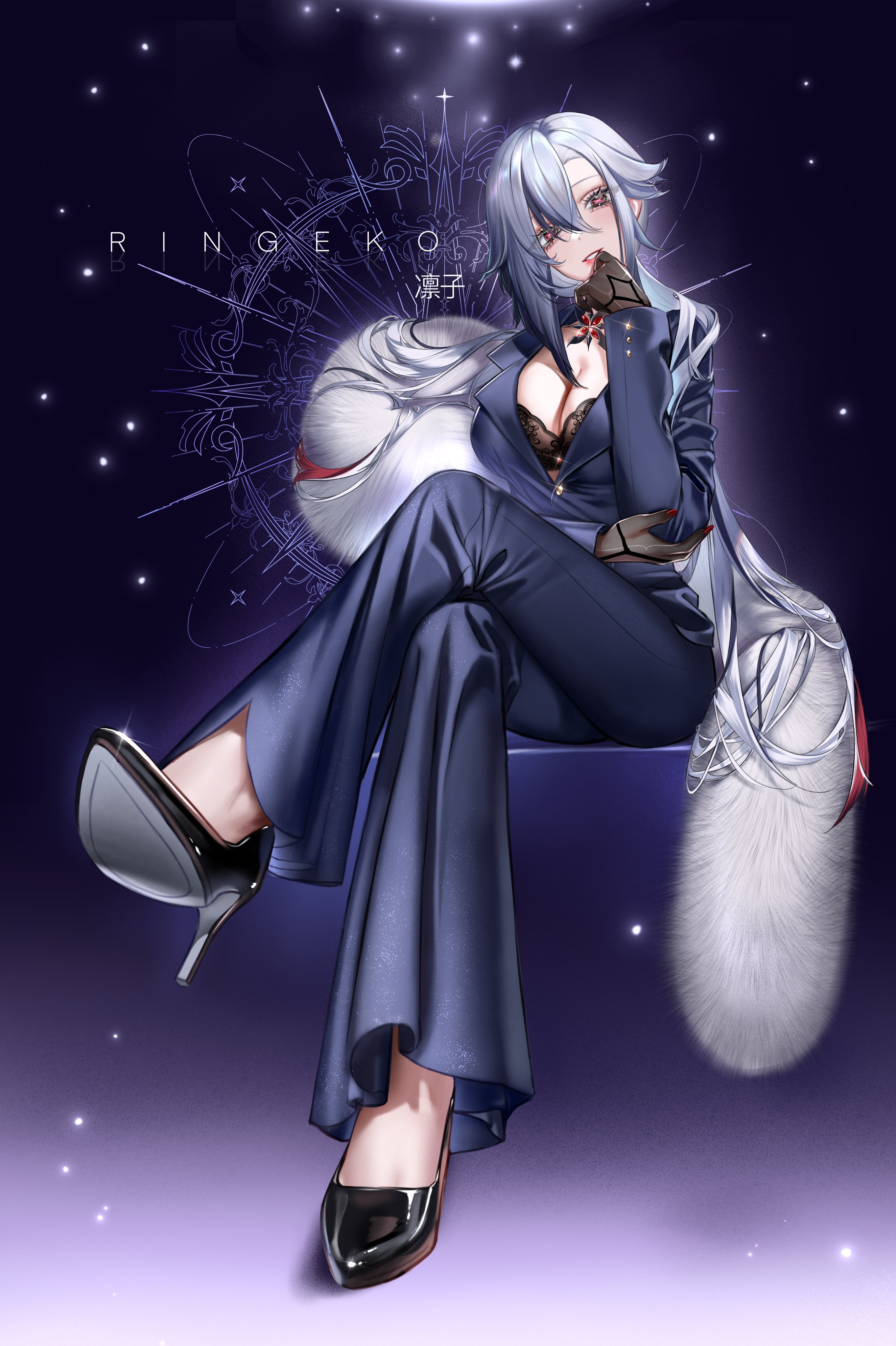 1girls, arlecchino (genshin impact), black eyes, bra, breasts, costume, cross pupils, female, female focus, female only, genshin impact, grey hair, heels, hoyoverse, lace-trimmed bra, large breasts, office clothing, ringeko chan, tagme, unusual anatomy, unusual eyes, unusual pupils