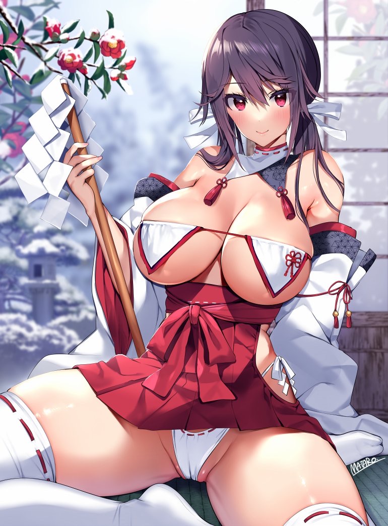 bare_shoulders blush breasts cleavage detached_collar detached_sleeves female_only japanese_clothes large_breasts long_hair looking_at_viewer mataro_(matarou) miko original panties purple_hair revealing_clothes sitting skirt smile solo tassel thighhighs twintails