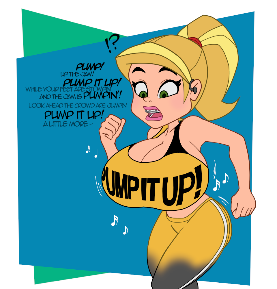 artist_request bimbo bimbofication blonde_hair blue_background braceface braces breast_expansion confused drawfag earbuds female green_background green_eyes huge_breasts musical_note ponytail sharon_spitz sports_bra sweatpants white_background