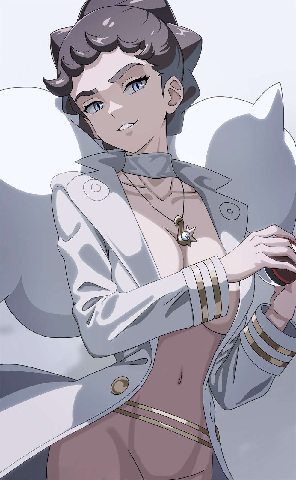 1girls, big breasts, blue eyes, breasts, choker, dark hair, diantha (pokemon), edit, female, grin, jacket, jewelry, looking at viewer, milf, navel, necklace, pokeball, pokemon, pokemon xy, robbydniero, short hair, solo, thick eyebrows, vivivoovoo