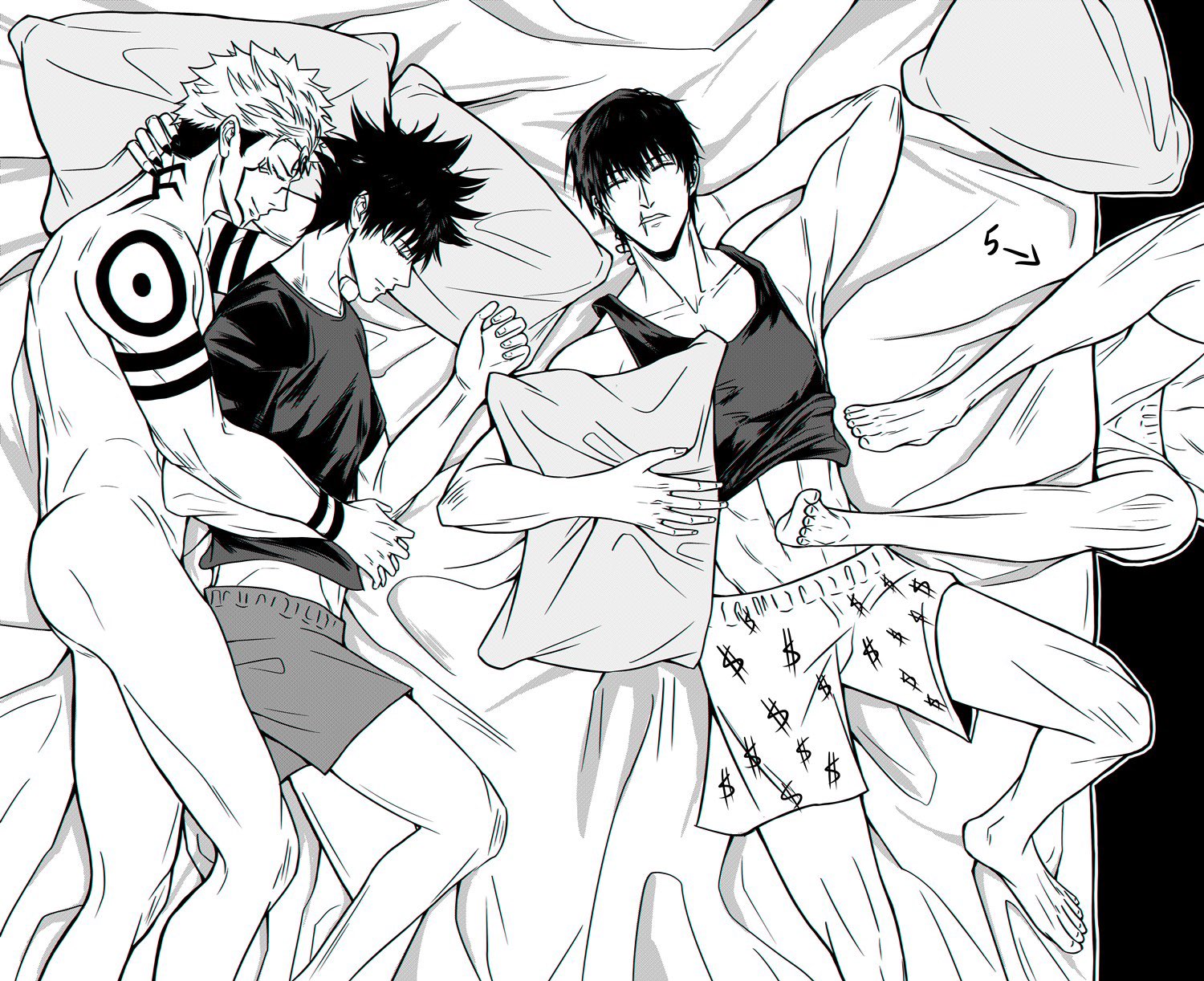4boys, arm tattoo, ass, bed, bed sheet, boxers, closed eyes, couple, facial tattoo, father and son, feet, fushiguro megumi, gay, hug, jujutsu kaisen, lying, male, male focus, male only, male underwear, male/male, monochrome, multiple boys, multiple males, muscular, muscular male, nude, nude male, pillow, ryoumen sukuna (jujutsu kaisen), satoru gojo, scar on face, scar on mouth, shirt, short hair, shoulder tattoo, sleeping, smile, spiked hair, tank top, tattoo, toji fushiguro, underwear, yaoi, zhhy3324