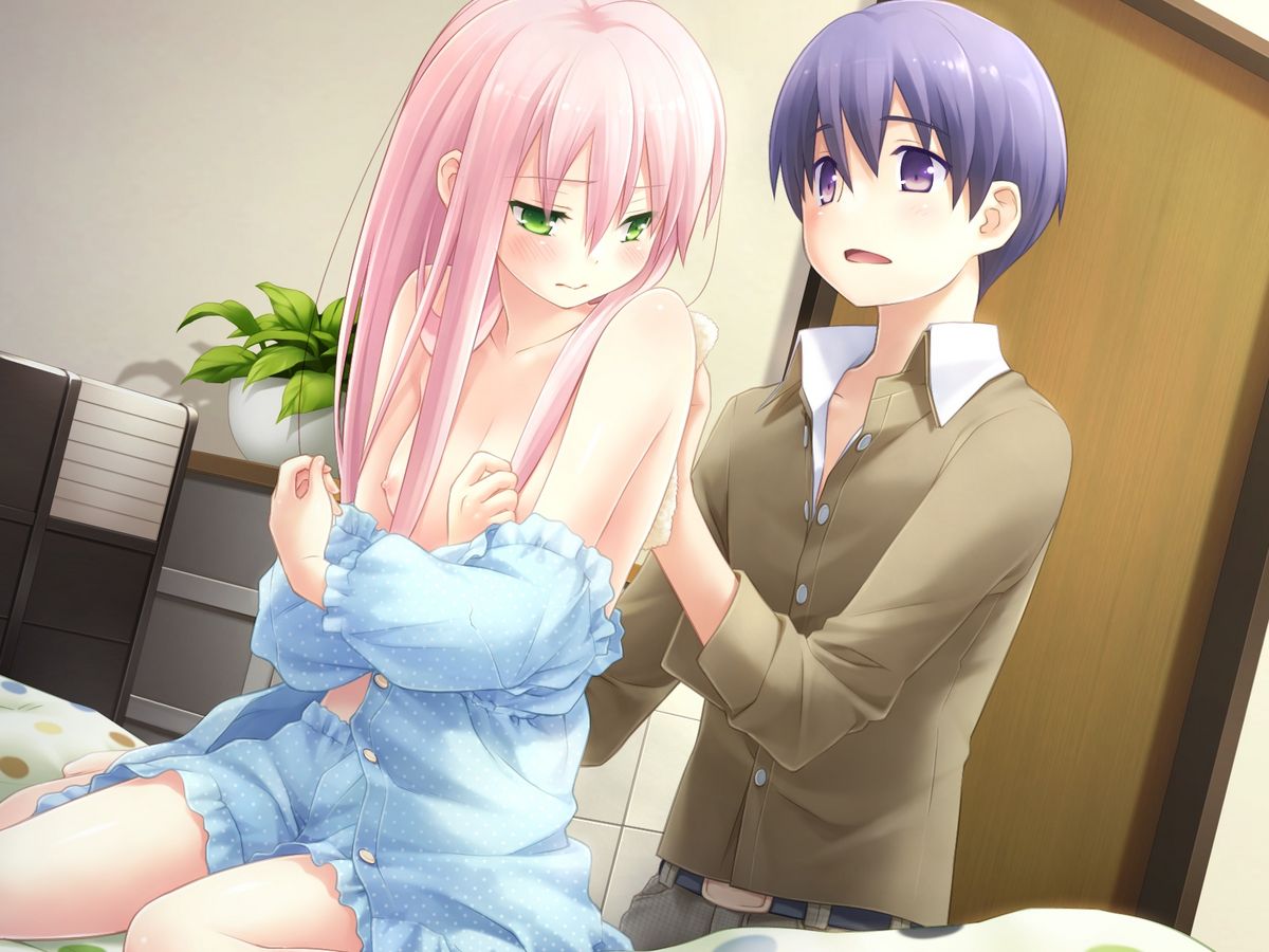 blush breasts cafe_sourire embarrassed gayarou green_eyes looking_back mizushima_serika nipples nishimura_shinichi open_clothes open_shirt pajamas pink_hair shirt sitting washing_back