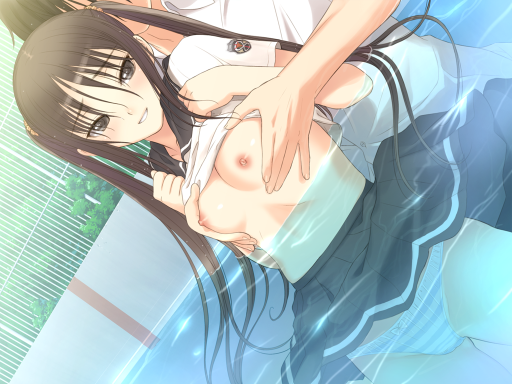 1boy 1girls black_hair breast_grab breasts brother_and_sister fault!! female game_cg incest male nipples panties pool seifuku small_breasts straight striped striped_panties sugiyama_mio taka_tony tied_hair twintails underwear water wet