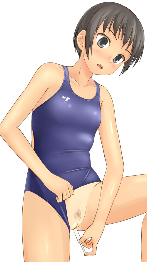 black_hair blush copyright_request female one-piece_swimsuit pointy_chin pubic_hair short_hair solo swimsuit swimsuit_aside takafumi tampon tan tanline uncensored