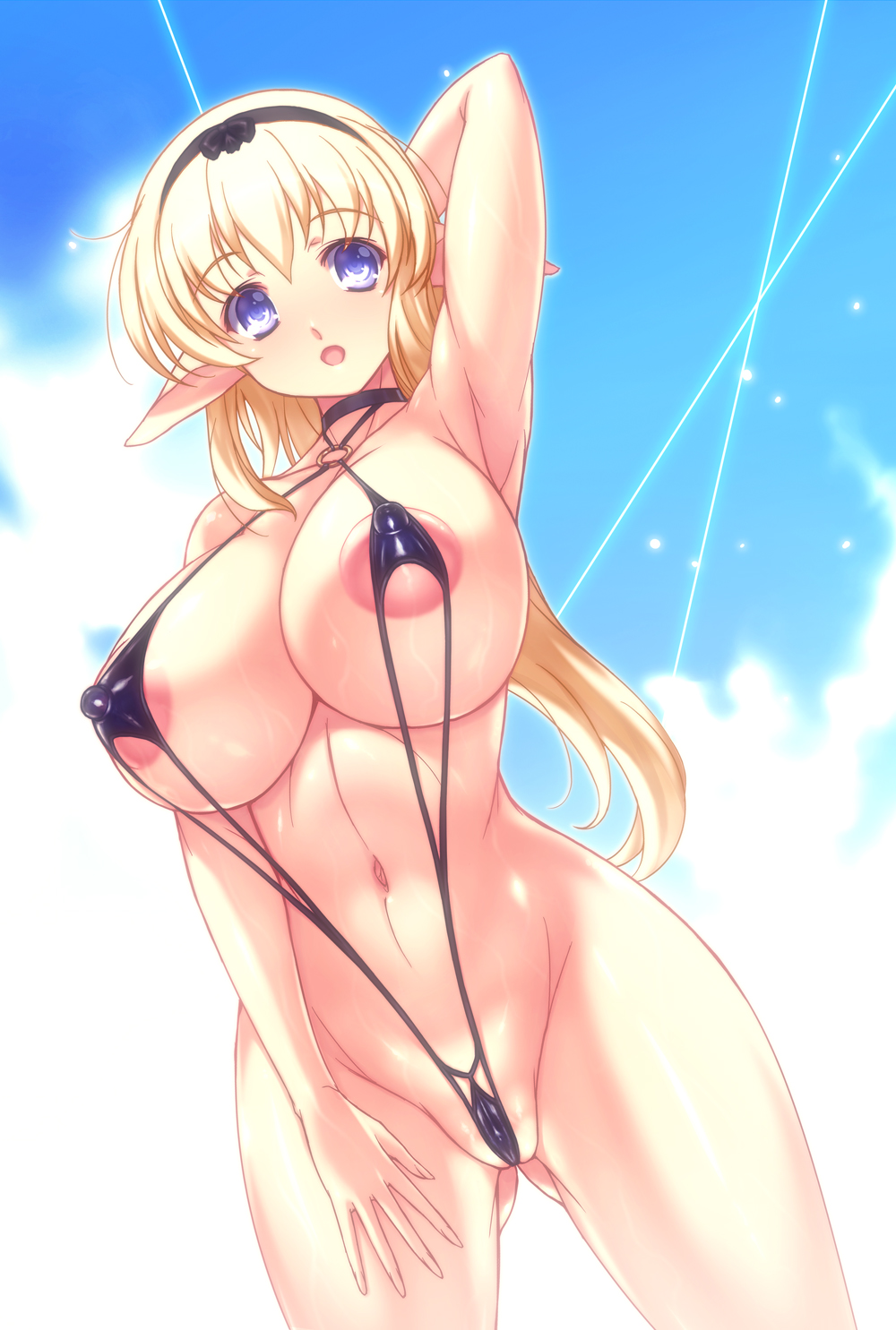 1girls areolae arm_up ass_visible_through_thighs bare_shoulders big_breasts bikini blonde_hair breasts erect_nipples female functionally_nude highres hourglass_figure huge_breasts ishida_hiroyuki large_breasts nipples o-ring_top original pointy_ears pose purple_eyes see-through sling_bikini sole_female solo solo_female swimsuit wide_hips