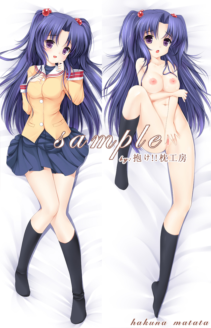 censored clannad clothing dakimakura footwear hair_bobbles hair_ornament hakuna_matata ichinose_kotomi long_hair lying medium_breasts navel nipples nude purple_eyes purple_hair pussy sample school_uniform skirt socks tied_hair twintails two_side_up