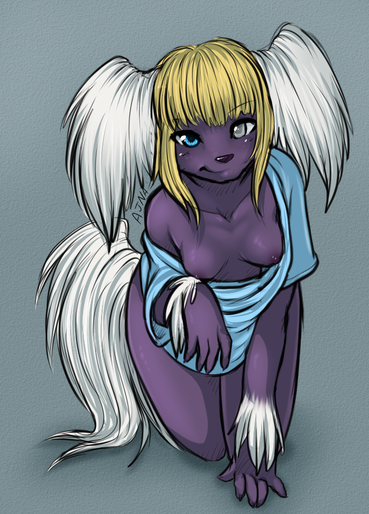 ajna all_fours anthro breasts canine chinese_crested_dog cute female fur furry heterochromia jojo skimpy solo