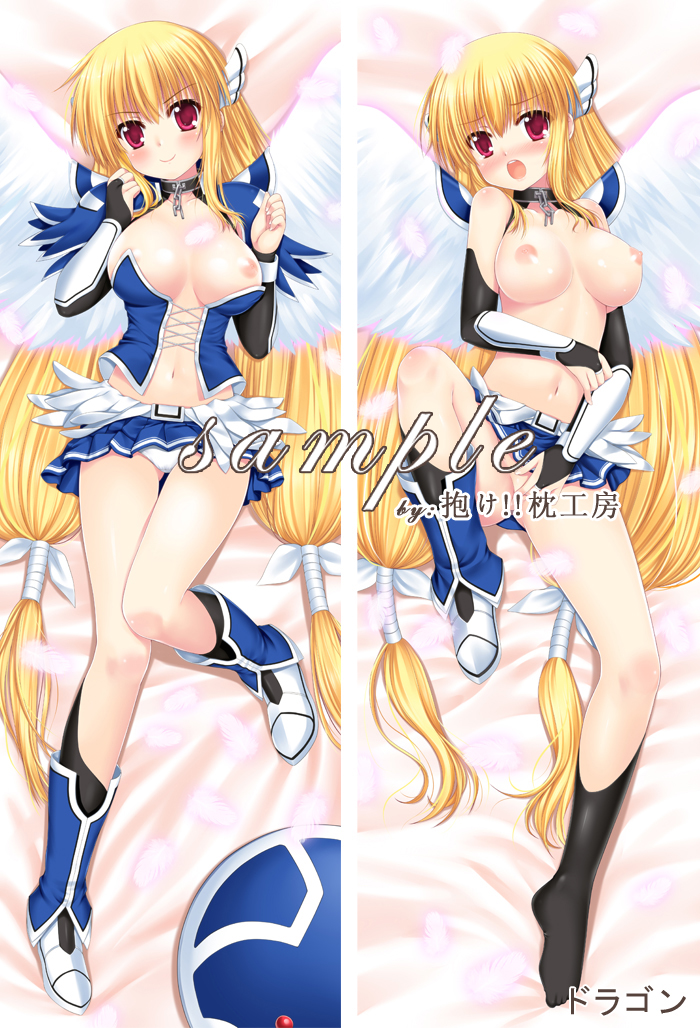 angel_wings blonde_hair breasts censored dakimakura dragon_(dakemakura) red_eyes sample sora_no_otoshimono wings