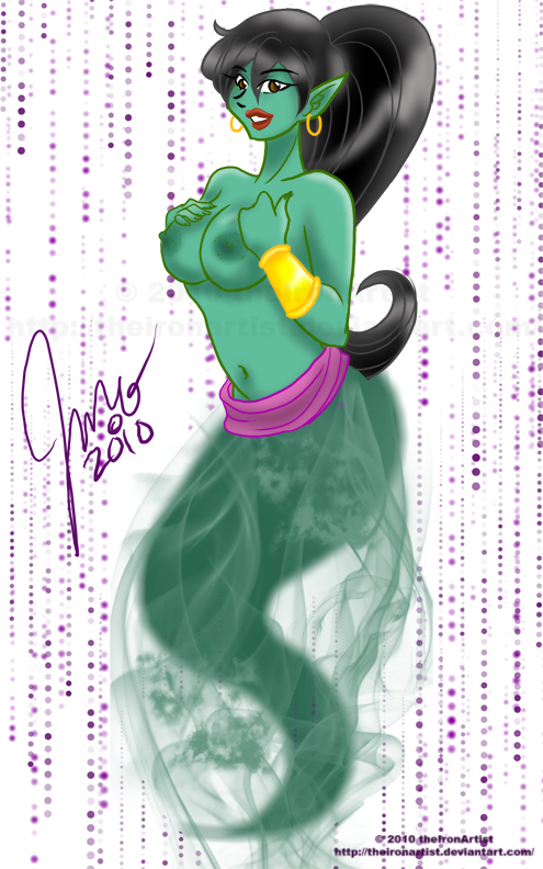 aladdin black_hair breasts clothes disney eden_(aladdin) female female_only green_skin hair nipples ponytail solo tied_hair topless