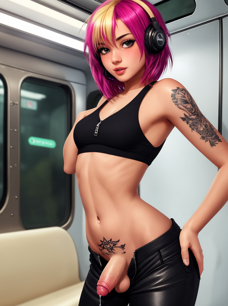 1futa, ai generated, athletic, athletic futa, balls, breasts, dickgirl, erection, futa only, futanari, headphones, intersex, makychan, midriff, partially clothed, penis, penis out, precum, precum drip, presenting penis, public, public exposure, public nudity, small breasts, subway, tattoo, toned, train, train interior, unzipped, unzipped pants