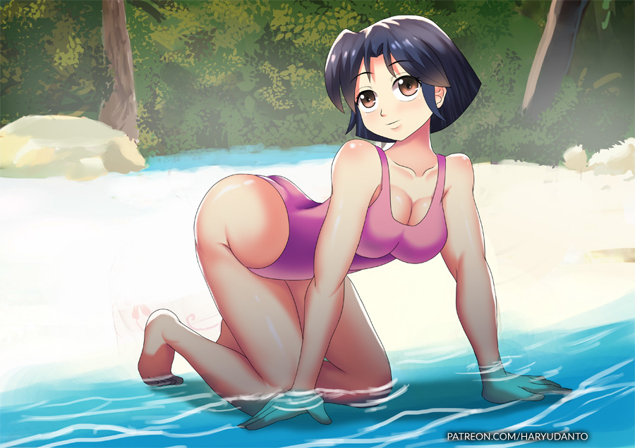 1girls akane_tendo all_fours anime artist_name ass beach blue_hair female haryudanto island large_breasts medium_hair ocean one-piece_swimsuit pink_swimsuit ranma_1/2 swimsuit water