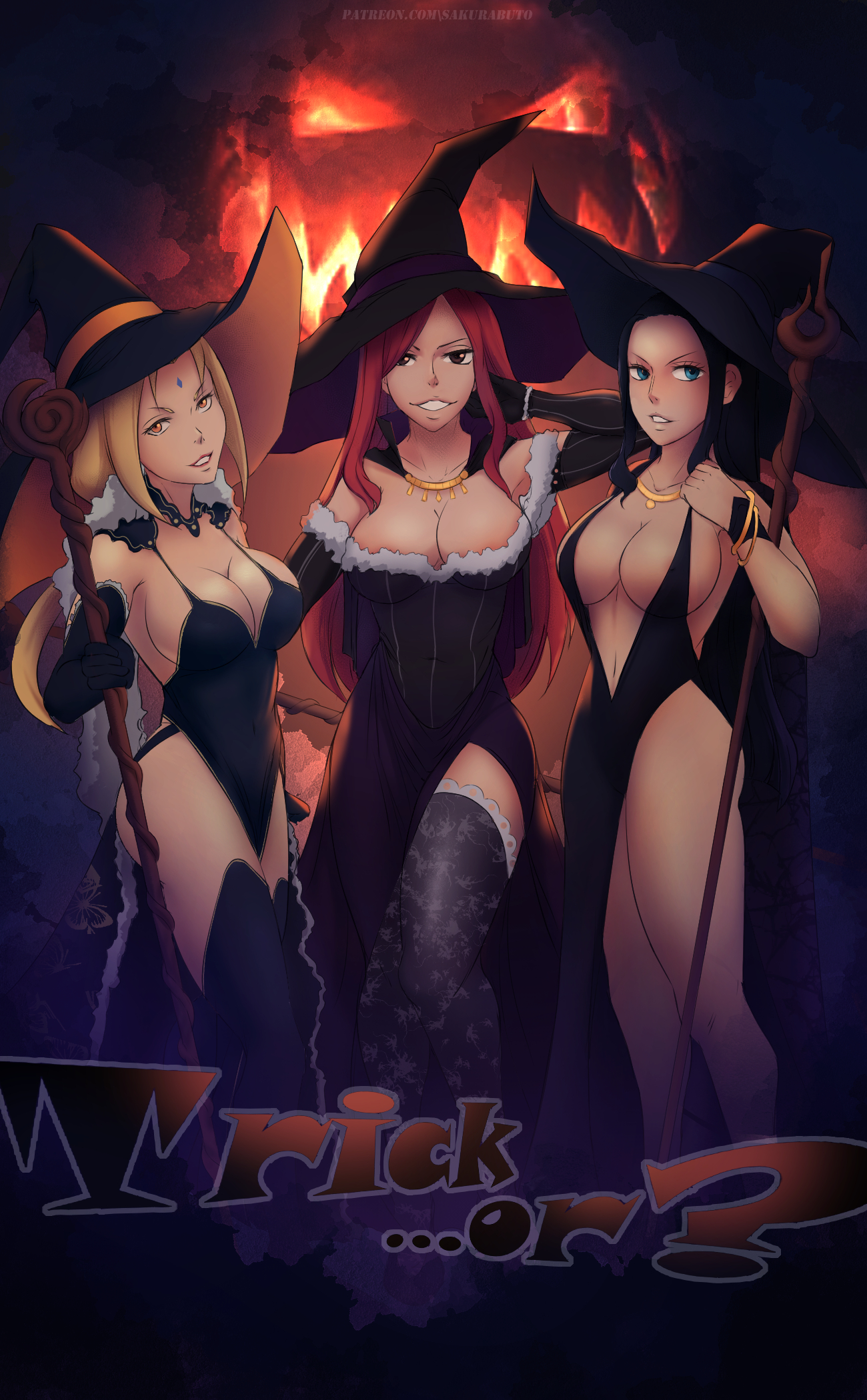 3girls, black hair, black-haired female, blonde hair, blonde-haired female, crossover, erza scarlet, fairy tail, female, female only, multiple females, multiple girls, naruto, naruto (series), nico robin, one piece, post-timeskip, red hair, red-haired female, sakurabuto, tagme, tsunade
