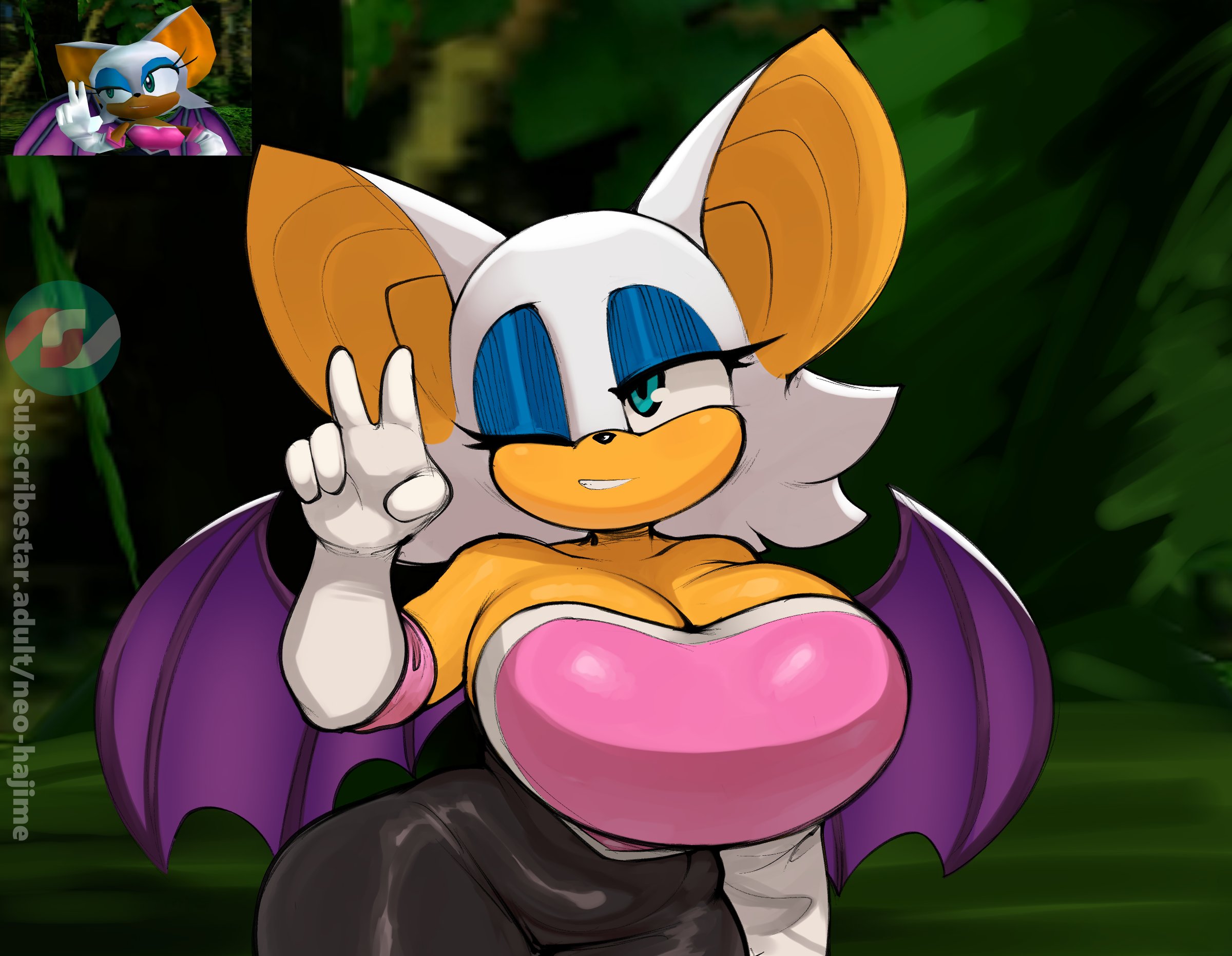 1girls, bat, big breasts, blue eyeshadow, breasts, breasts bigger than head, cleavage, clothing, eyelashes, eyeshadow, female, female focus, female only, furry, huge breasts, makeup, neo hajime, rouge the bat, screencap, shortstack, sonic (series), sonic the hedgehog (series), wink