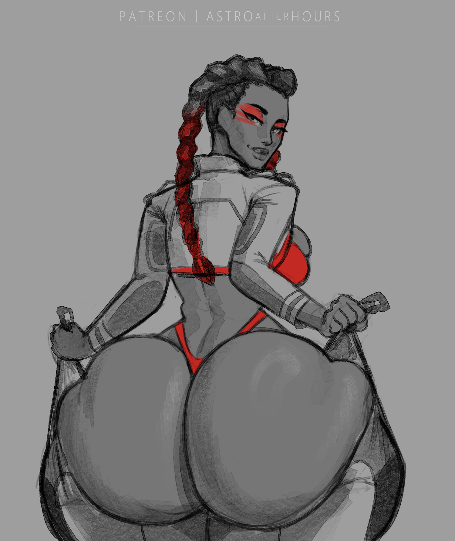 apex legends, ass, ass focus, astroafterhours, big ass, bottom heavy, female, huge ass, ignantastro, loba (apex legends), looking back, presenting hindquarters, red underwear, smile, thong