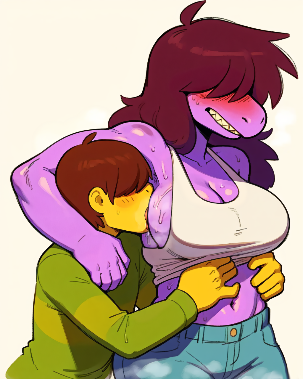 ai_generated anthro arm_around_neck armpit armpit_fetish armpit_licking arms_around_waist big_breasts blush brown_hair deltarune dominant_female femdom hair_over_eyes headlock human human_male human_on_anthro jeans kris_(deltarune) kris_(light_world_form) long_sleeves male/female nudealert purple_body reptile scalie sharp_teeth stable_diffusion submissive_male susie_(deltarune) susie_(light_world_form) sweat sweater tank_top yellow_skin