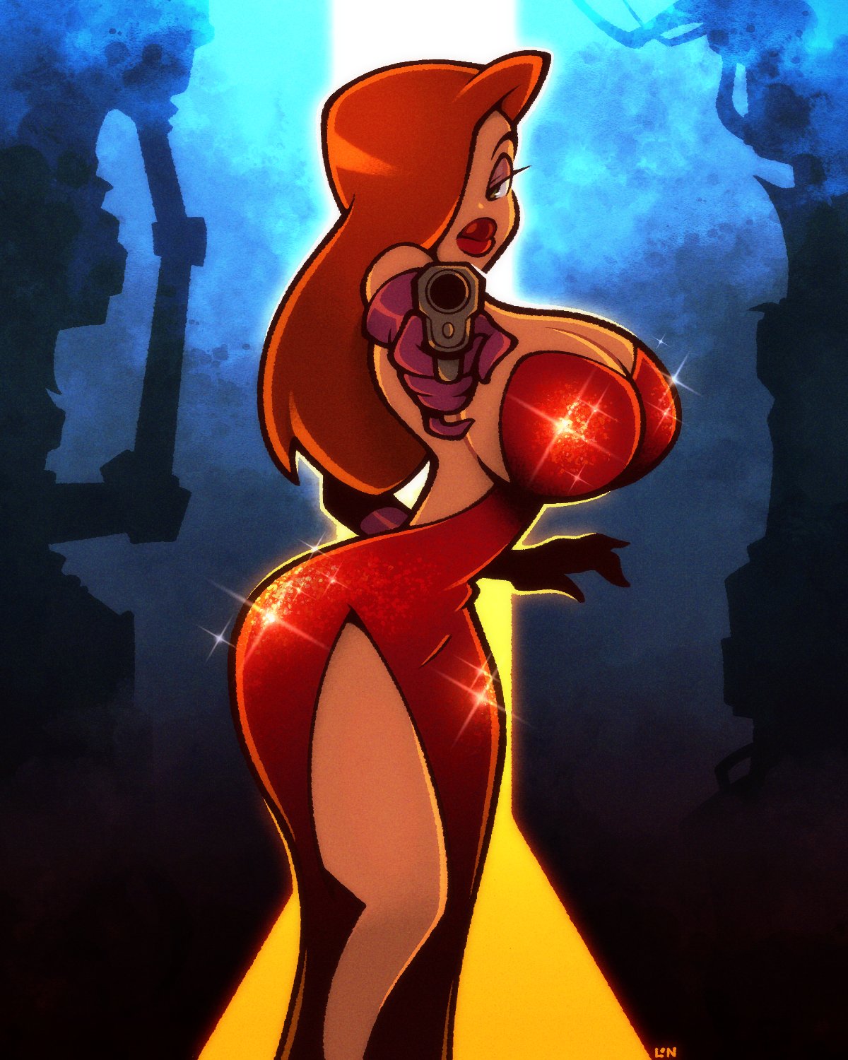 big_breasts big_lips bimbo_lips breasts cleavage disney dress gun huge_breasts huge_lips jessica_rabbit large_breasts large_lips legendofnerd lips looking_at_viewer pistol red_dress red_hair tagme thick_lips thick_thighs thighs who_framed_roger_rabbit