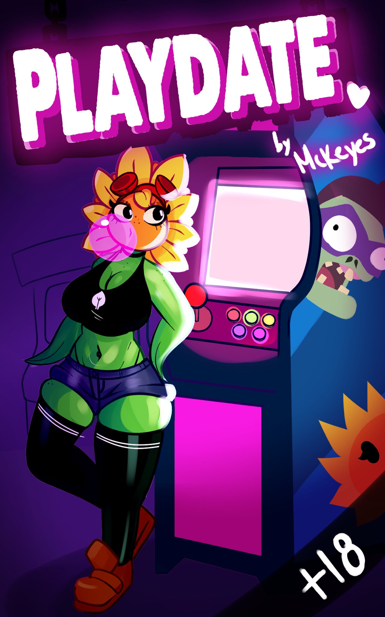 breasts, bubble gum, comic, female, mckeyes, mckeyes playdate comic, plantie, plants vs zombies, plants vs zombies: heroes, playdate, solar flare (pvz), sunflower (pvz), tagme, text, video games